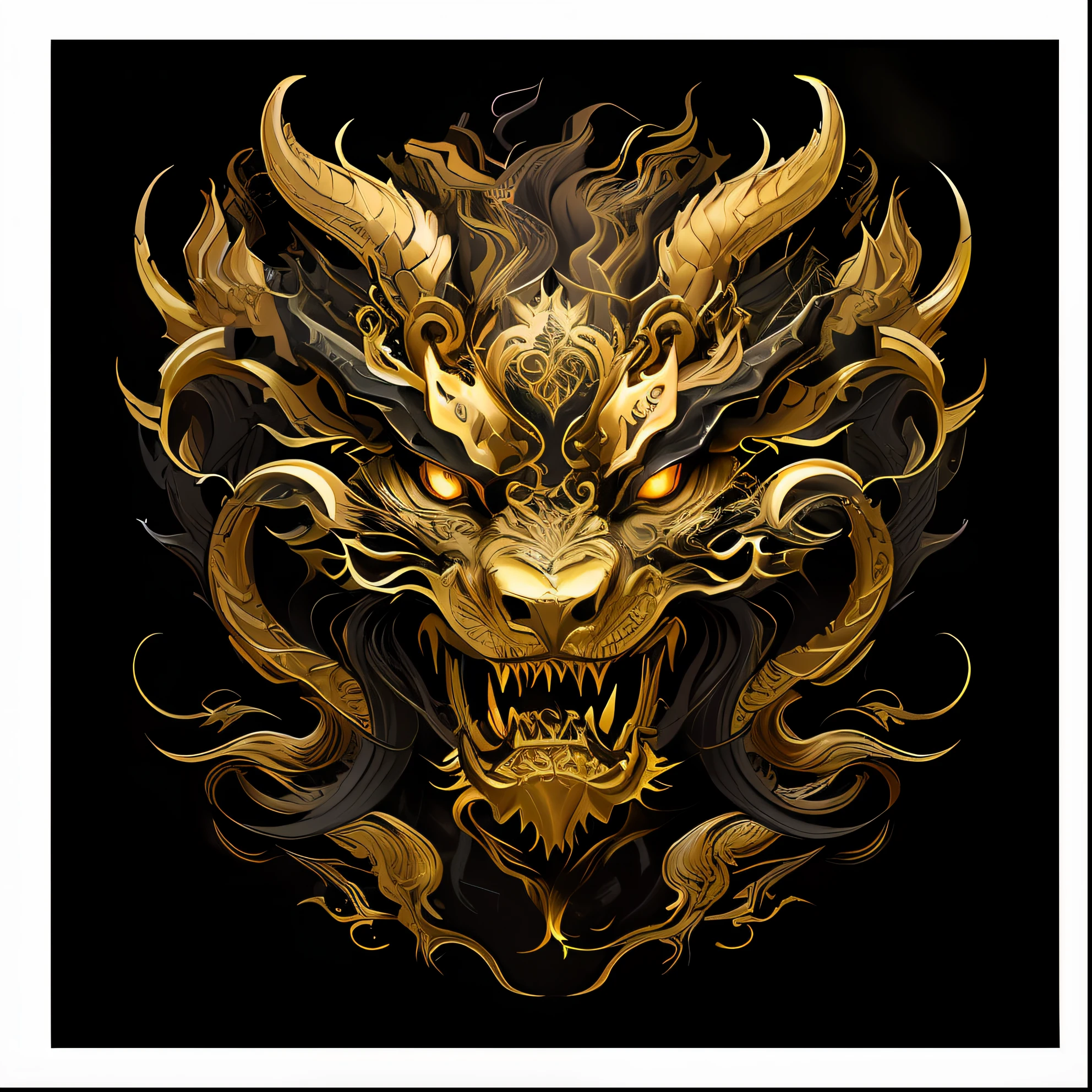 Close up of golden dragon head on black background,colored illustration for tattoo,Golden dragon,Dragon face,Dragon Head,scary detailed art in color,super detailed color art,highly detailed vector art,highly detailed and colored,dragon portrait,highly detailed dark art,chinesedragon,30,Highly detailed illustration,dark but detailed digital art。