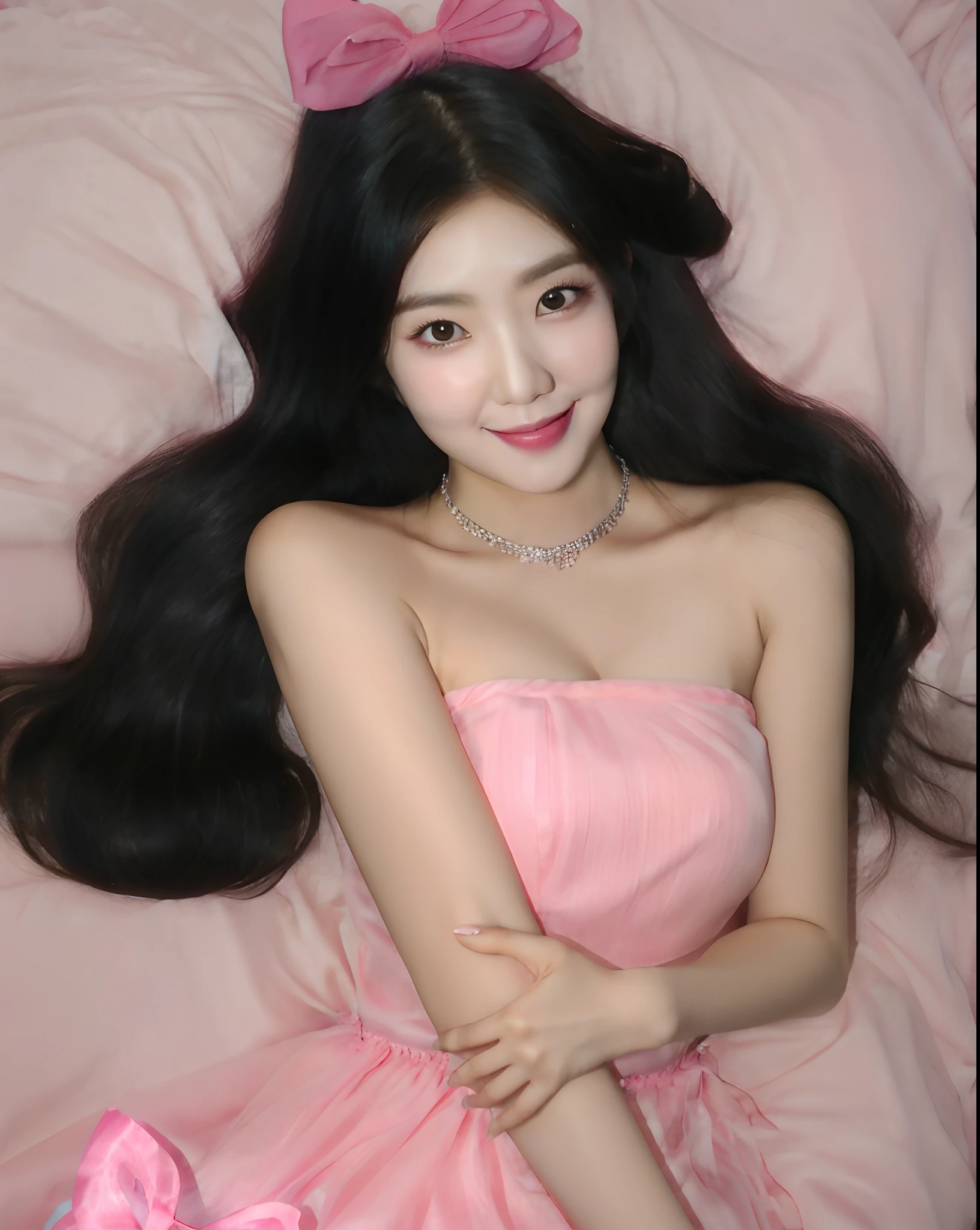 Smiling girl in a pink dress laying on a bed, gorgeous young korean woman, beautiful south korean woman, korean girl, beautiful young korean woman, ultrarealistic sweet bunny girl, asian girl with long hair, skydoll noa, korean woman, beautiful asian girl, gorgeous chinese model, ulzzang, cruel korean goth girl, asian girl