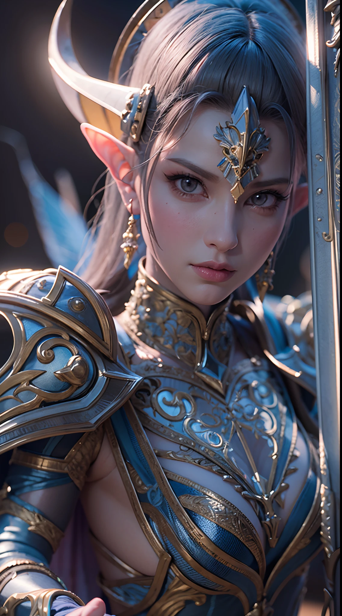 Close-up de uma garota com uma espada, personagem de fantasia ultra-detalhado, intrincado lindo estilo CGI anime, female demon suitable for white horns, fantasia de detalhe 4K, Iconic character of high detail, handsome biomechanical elf, personagem de fantasia complexa, High detail and very sharp and intricate art. octan render, 3D rendering 8K character art , de corpo inteiro