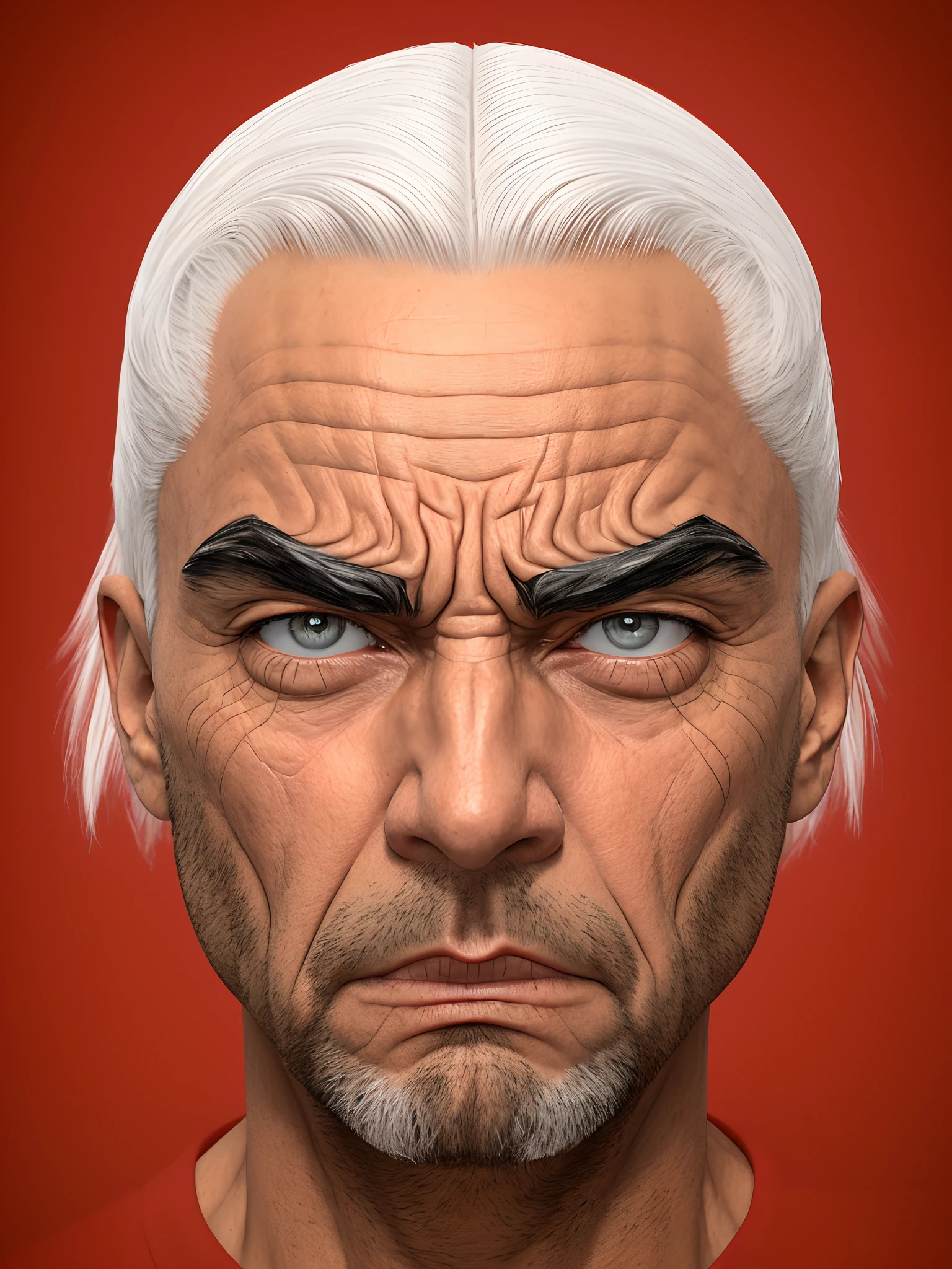 homem arafed com cabelos brancos e olhos azuis com um cabelo branco, camiseta branca, angry facial expression, cara de anime raivoso altamente detalhado, Rosto extremamente detalhado, sharp high detail face, serious and stern expression, olhar irritado, very angry expression, raiva. hiper detalhado, angry expression, frowning expression, 3d render senior artist, retrato de personagem de closeup, rosto realista altamente detalhado