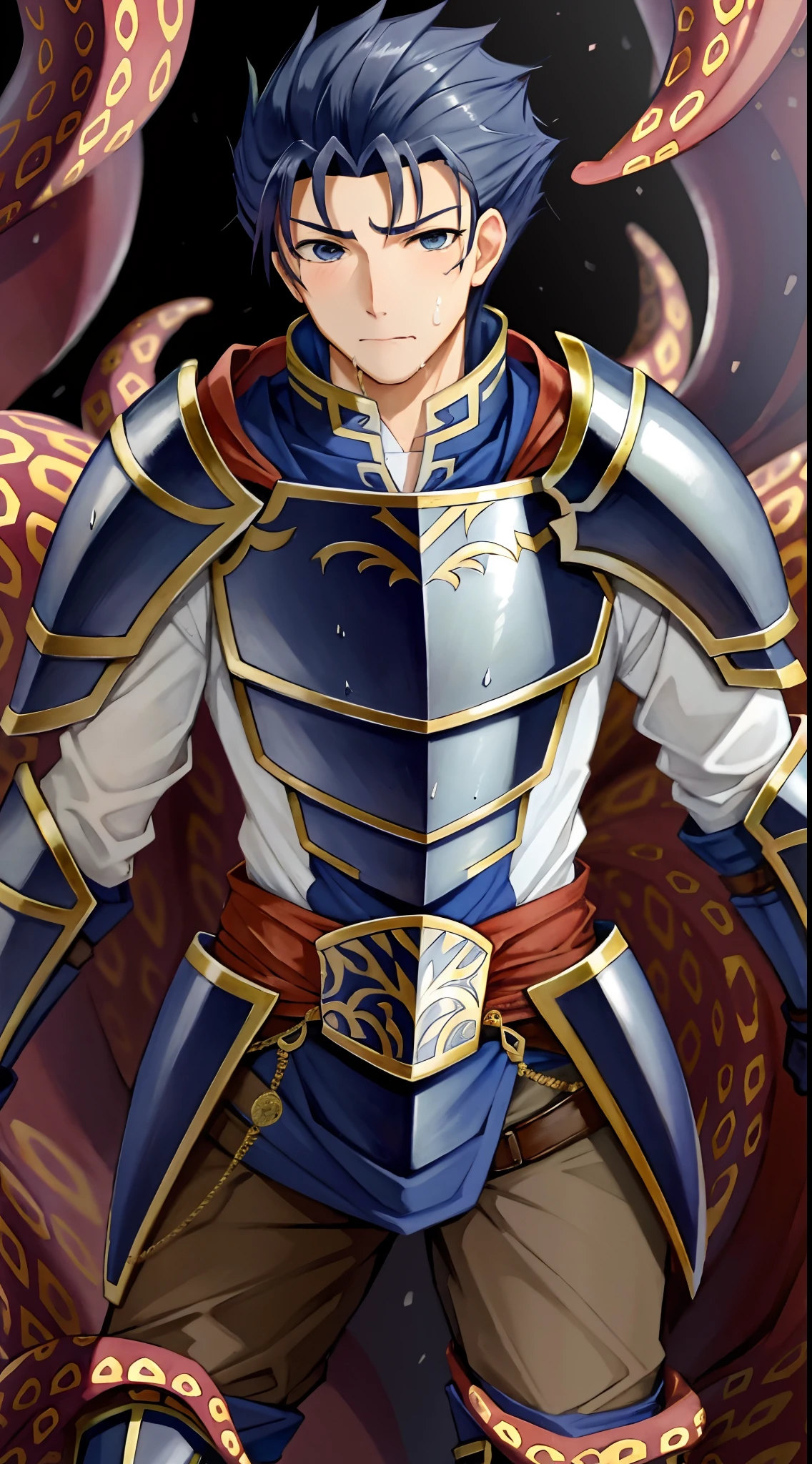 Hector Fey（adult man）， 独奏， looking at viewert，Tied by tentacles（Mucus-secreting tentacles） ，with her mouth open，drools，perspire，Tight combat uniform，Armour，Armour，Get wet， mitts， 1 man，weeping，Be red in the face， Male focus，Tentacles wrapped around thighs（Octopus tentacles wrap around thighs）， cloaks， Armour， Shoulder armor， Soaked leggings，Wrists bound by tentacles，Waist wrapped around tentacles