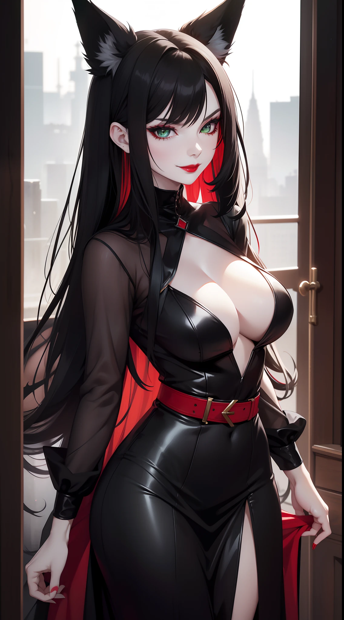 Adult woman, pale skin, Long black hair, Fox ears, Green eyes, red eyeshadow, red lipstick, Black Magic Dress, open breasts, smirk, Masterpiece, hiquality