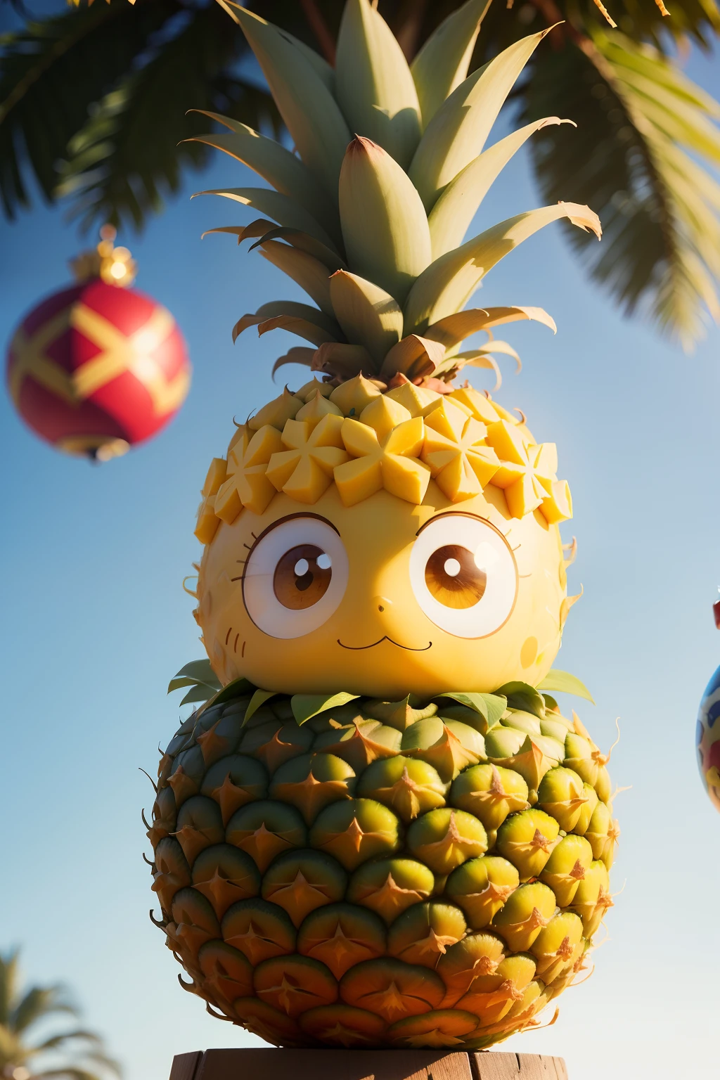 Make a pineapple cartoon character with ornaments with other fruits on his head