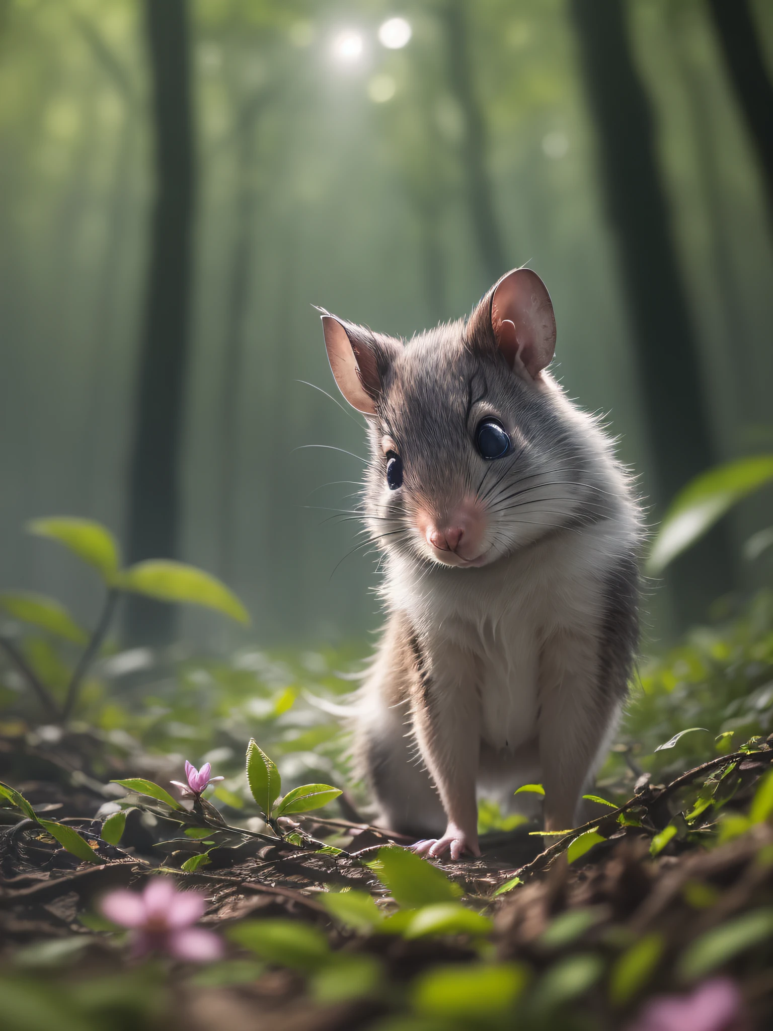 Close up photo of enchanting forest rat、deep in the night、in woods、Back lighting、fireflys、Volumetric fog、The halo、bloom、Dramatic atmosphere、central、thirds rule、200mm 1.4F Macro Shot