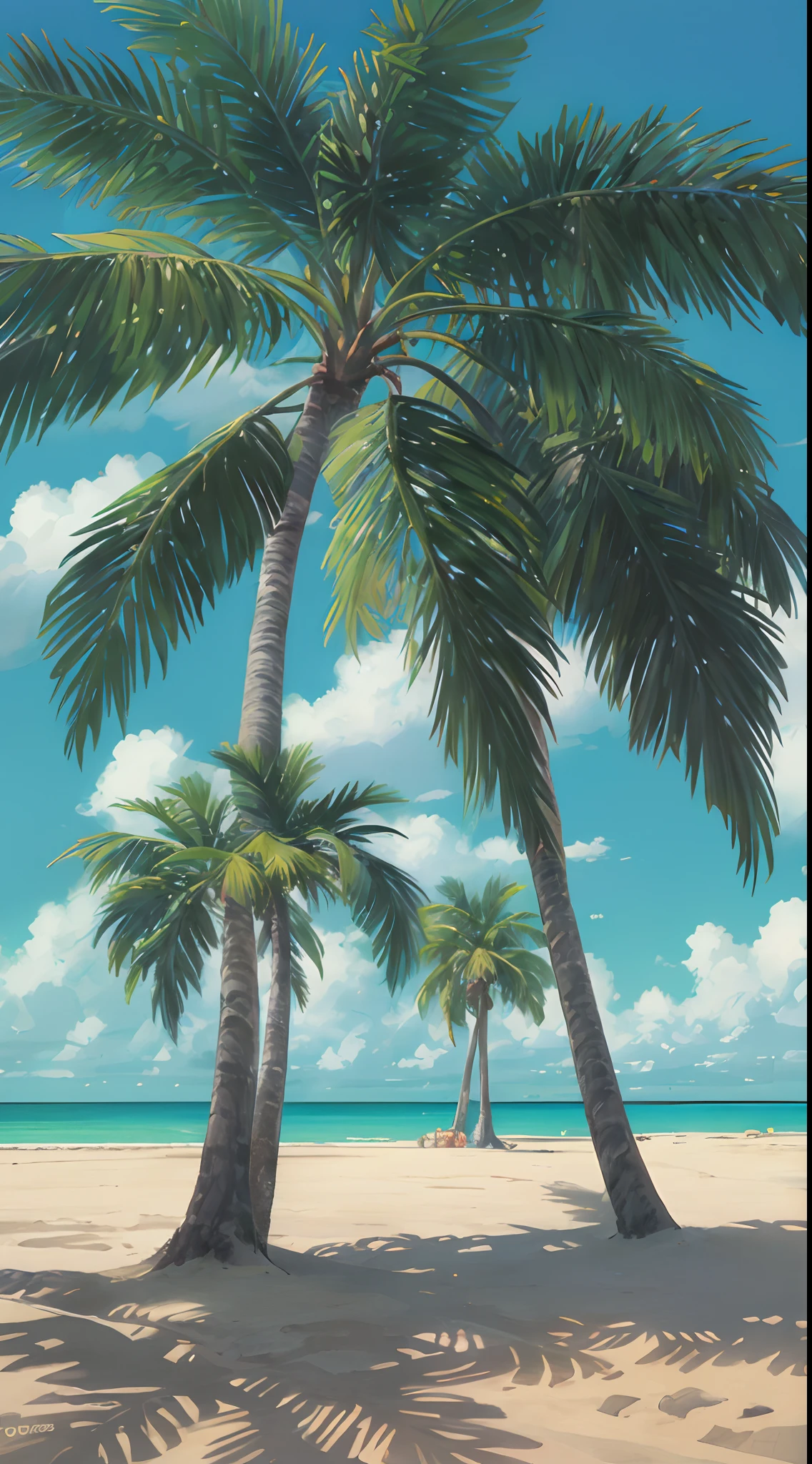 beachside,coconut palms,rays of sunshine,suns,sandbeach,A plant,Sunnyday,There are no clouds,Blue sky,There is no house,photorealestic