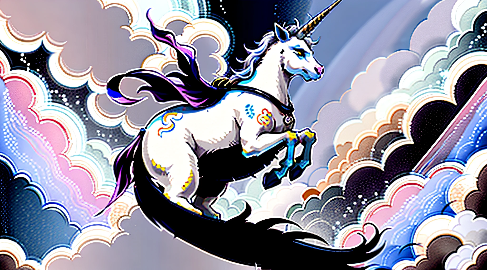 A unicorn soaring through the clouds，Chinese mythology，Majestic expression
