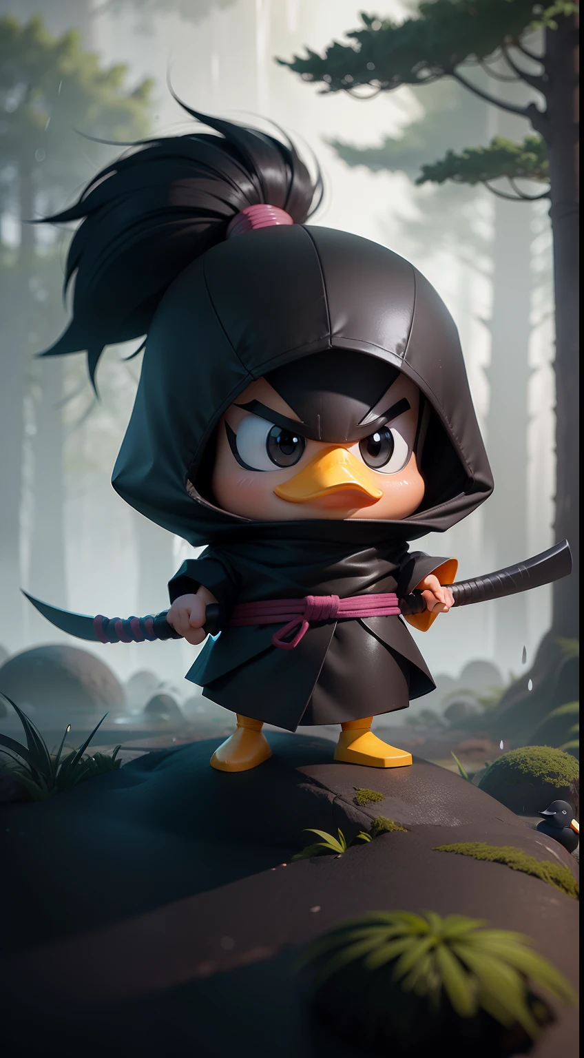Create a vibrant dark fantasy cute ninja duck in a clean-lined minimalistic cartoon style, in the background a beautiful forest, rain, octane render, 8k