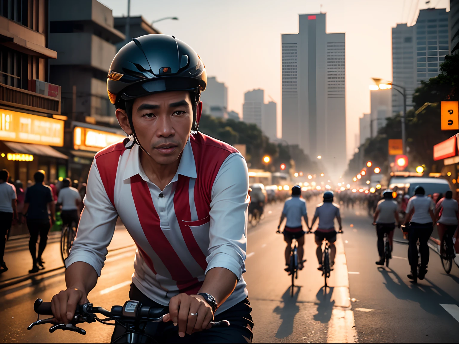 (((Realism))) President of Indonesia Joko Widodo riding bike in Jakarta, busy street, dawn, super detail, normal view. --auto