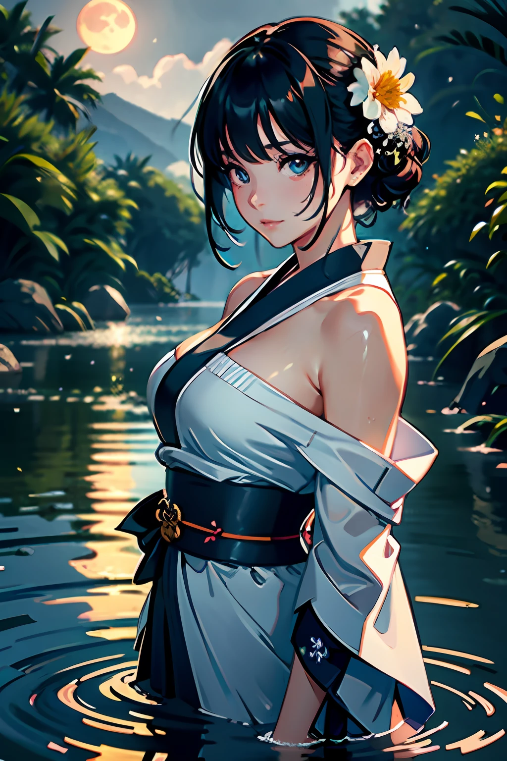 1girl, breasts, moon, lantern, night, solo, large breasts, hair ornament, wet, kimono, japanese clothes, wading, water, hair flower, flower, outdoors, sky, full moon, rain, black hair, off shoulder, mountain, cloud, holding, sash, bare shoulders, paper lantern, standing, white kimono, night sky, sideboob, obi, wet clothes, bangs, tree, from side, reflection, short hair, cloudy sky, wet hair (((masterpiece),(extremely detailed CG unity 8k wallpaper),best quality,,solo,1girl,cinematic lighting,detailed background,beautiful detailed eyes,bright pupils, (an extremely delicate and beautiful),(Beautiful and detailed eye description), ultra-detailed,masterpiece,)),