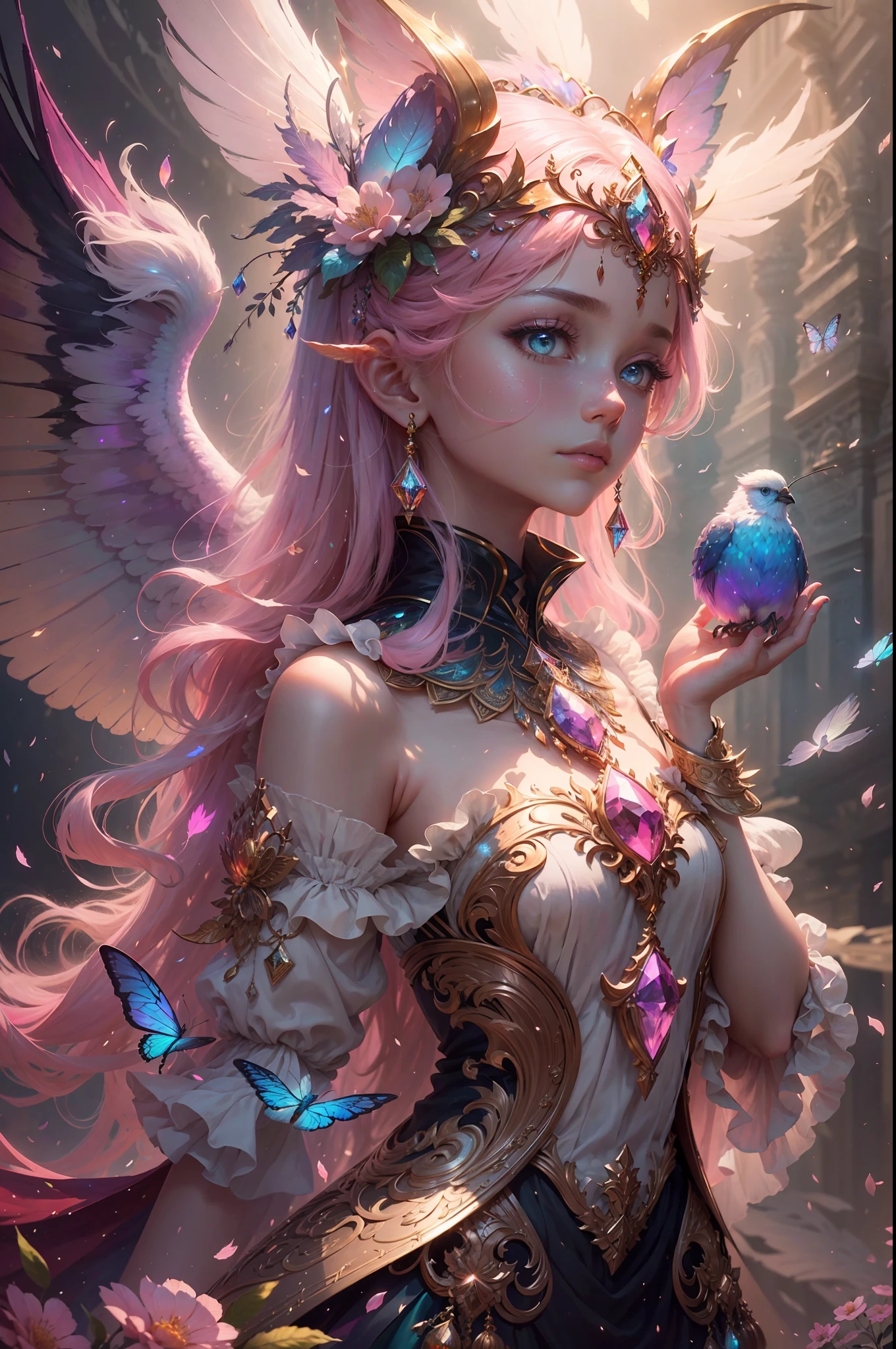(((masterpiece))), (((best quality))), ((ultra-detailed)),(highly detailed CG illustration), ((an extremely delicate and beautiful)),cinematic light, Create a stunning fantasy artwork that mimics the style of currently trending masters of the genre. The art piece should contain elements of both mythic fantasy and fairytale fantasy with colorful accents. ((Utilize various shades of pink and watercolor pastels as the main color scheme.)) The character in the artwork is a delicate but strong petite figure with an aura of mystery and magic. Pay close attention to intricate facial features, such as mesmerizing eyes with vibrant colors and bold shading. The character's clothing should be designed with gossamer feathers, silk, stunning embroidery, and subtle iridescent details. Incorporate dreamy colors, dynamic lighting, and detailed background elements to create a sense of awe and immersion. Include colorful flying magical birds and jewel-toned butterflies radiating a magical aura. Consider the latest trends in fantasy art, such as incorporating unique lighting effects, exploring dynamic and compelling composition techniques, and experimenting with unique color palettes. Take inspiration from the top artists on ArtStation and Midjourney. Camera: Choose an angle that highlights the character's beauty and enhances the magical majesty of the artwork. Lighting: Utilize atmospheric lighting techniques to create depth and mood. Resolution: Aim for a high-resolution artwork to showcase intricate details and clarity. Art Inspirations: Seek inspiration from the trending artists on ArtStation, exploring different styles, genres, and themes.