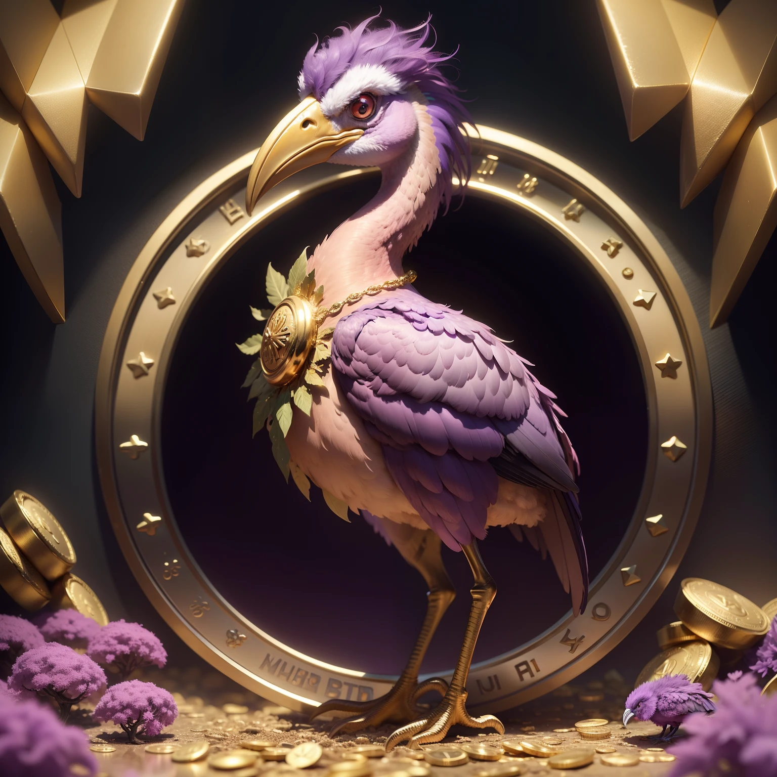 Make a whole purple ostrich bird,, Floresta encantada,moedas de Bitcoin,ouro ao redor, adicionar texto: NOSTR