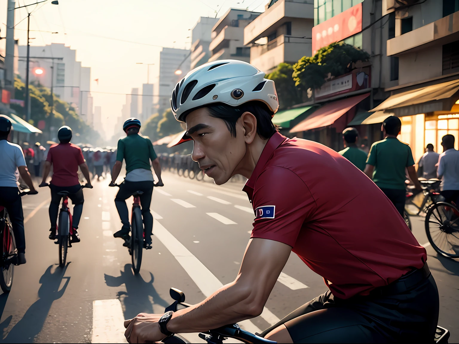 (((Realism))) President of Indonesia Joko Widodo riding bike in Jakarta, busy street, dawn, super detail, normal view. --auto