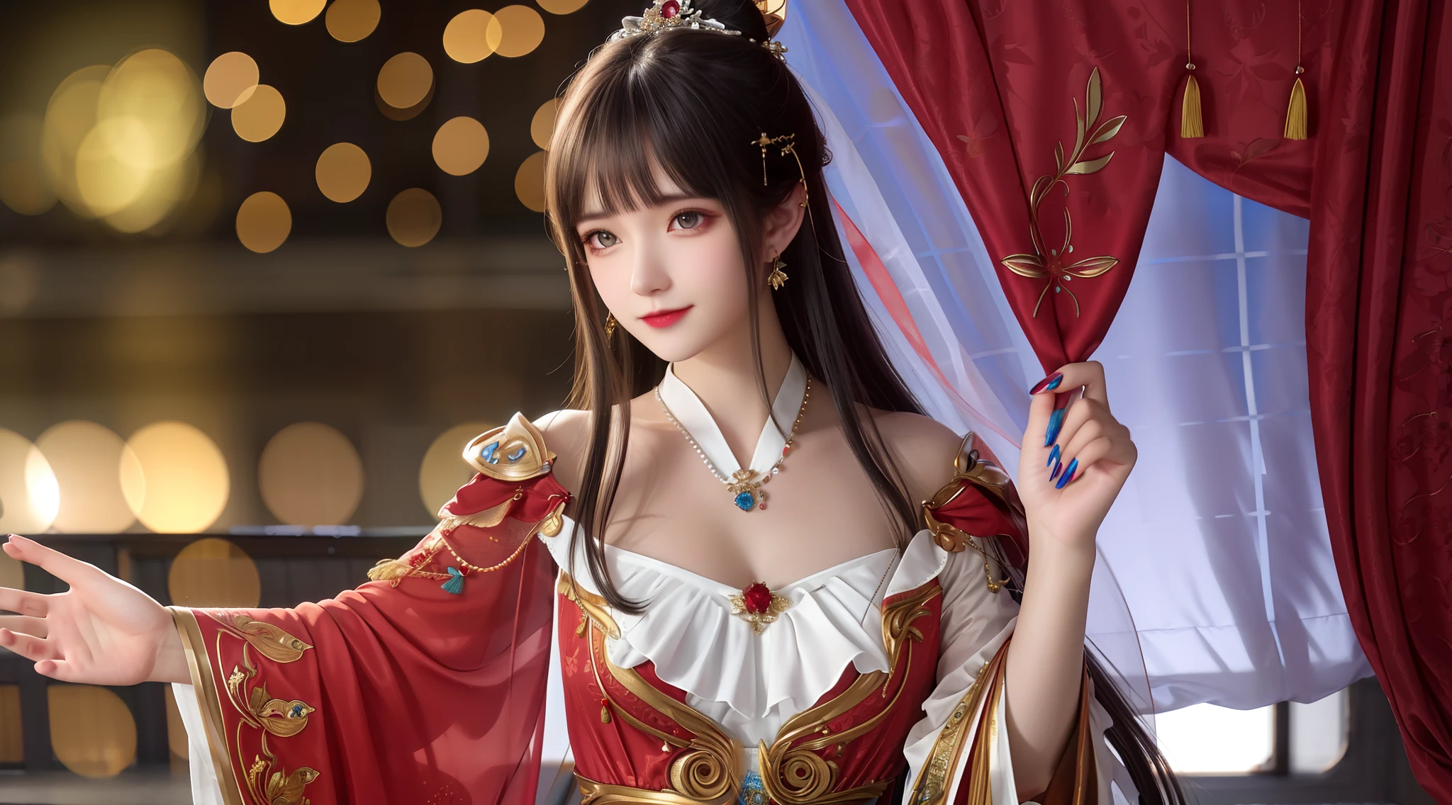 Best quality,tmasterpiece,A high resolution,CG,1girll,long whitr hair,mano,five fingers,Blue nails,Eau,独奏,rosette,jewely,Red dress,耳Nipple Ring,hair adornments,spatter,The upper part of the body,hair-bun,brunette color hair,illuminating,Frankness,photore,A high resolution,4K,8K,Bokeh