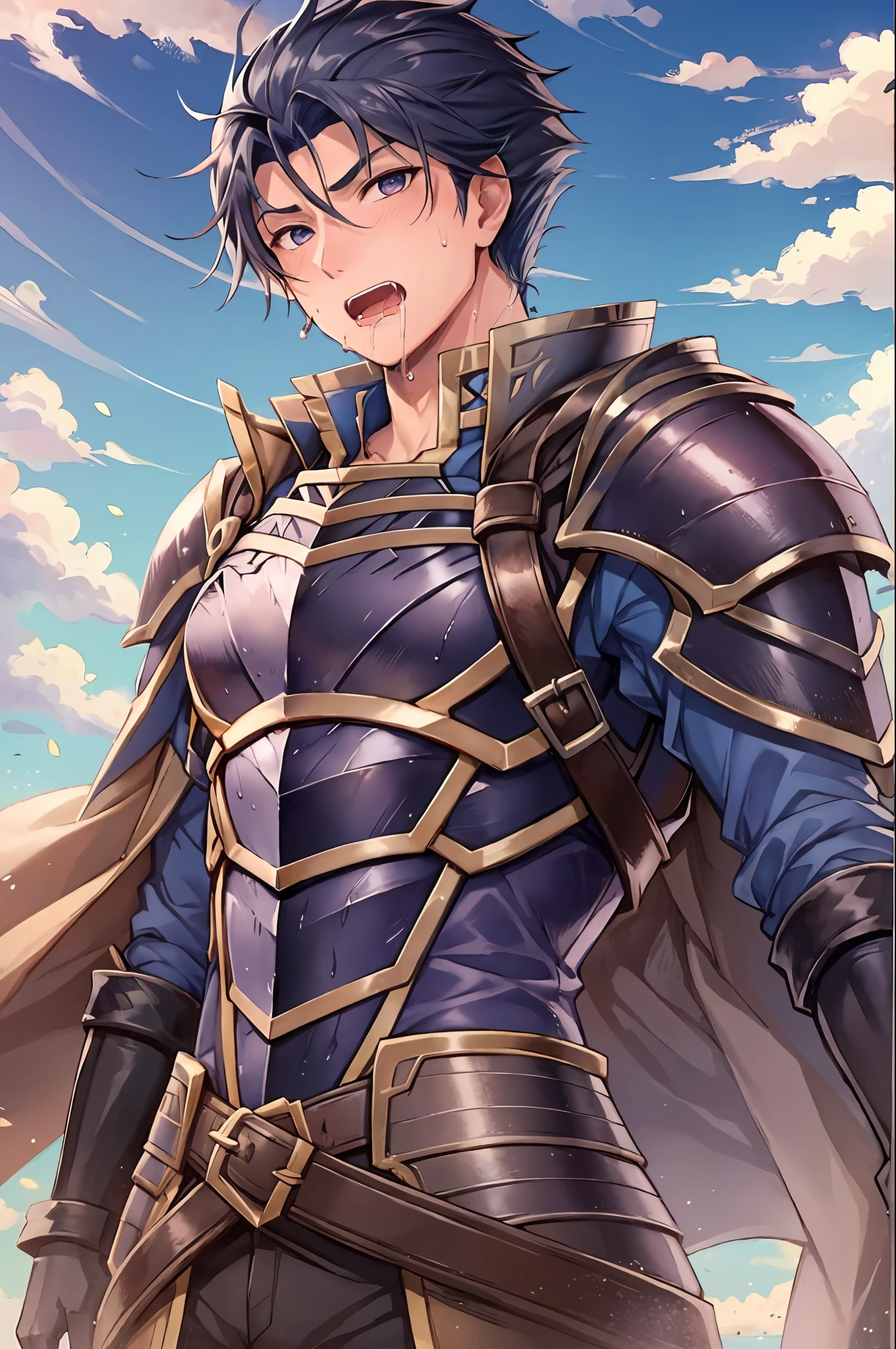 Hector Fey, Ultra High Quality CG, Solo, Looking at the Audience, Open Mouth, Sweaty, Wet, Wet, Drooling, Gloves, 1boy, Upper Body, Male Focus, Sky, Clouds, Cloak, Armor