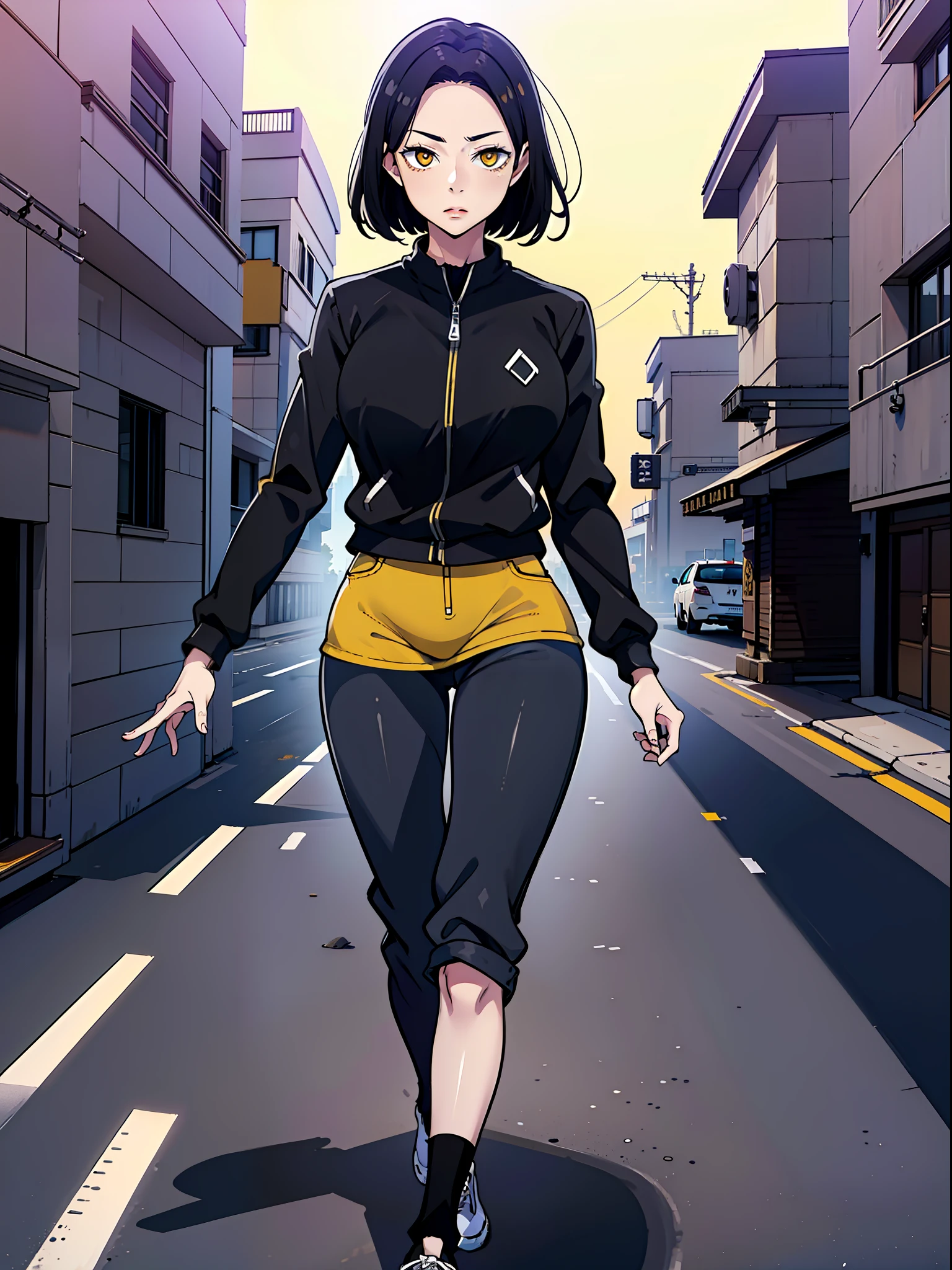 Beautiful, yellow eyes, short hair, black hair, casual clothes, black jacket, dynamic pose, walking in city, High quality, Highres