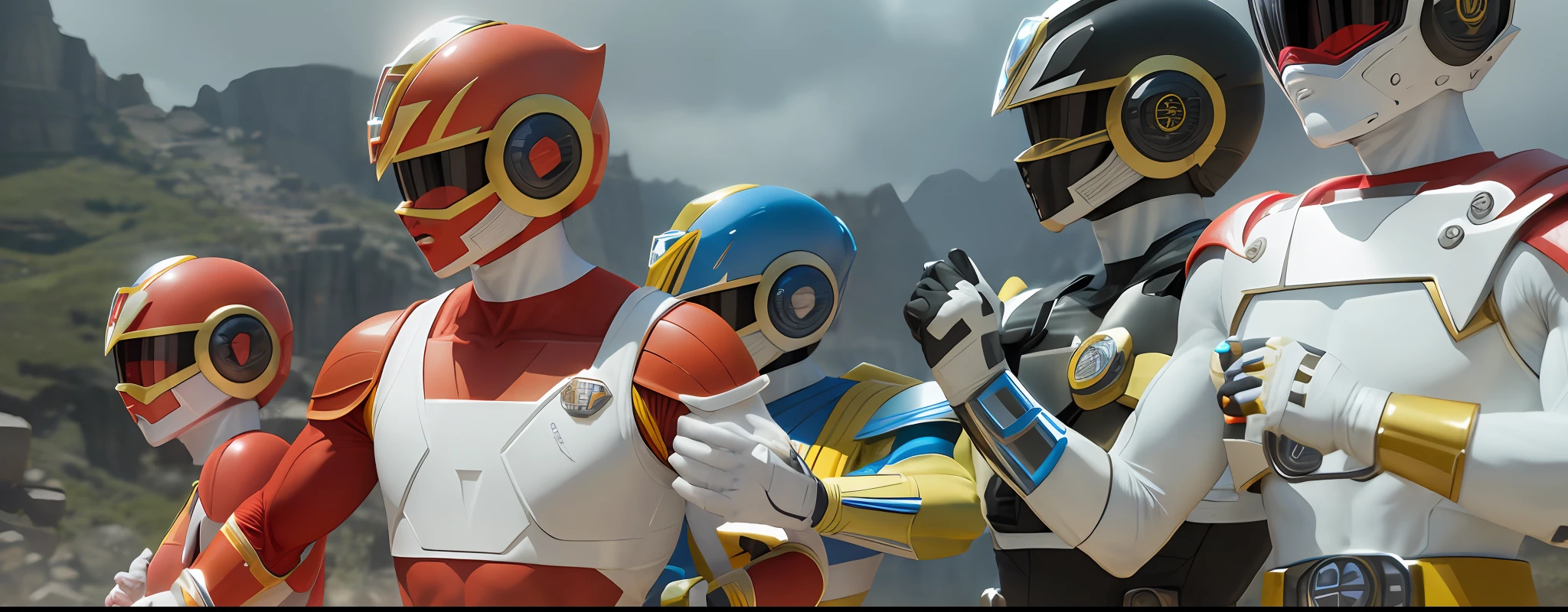 A closeup of a group of Ranger powers standing next to each other, The Seventh Secret Power Ranger, Power Ranger, Power Ranger, Tokusatsu, Mighty Ranger movie, Toei, cena do filme live action, closeup of arms, Remasterizado digitalmente, ranger amarelo, ainda de um filme live action, wearing red and yellow hero suit, Zordon of Power Ranger