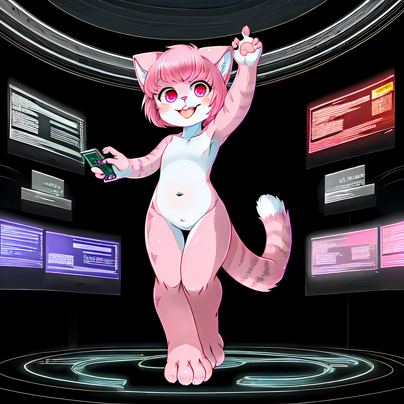 downy furry,,loli,PINK hshort hair ,PINK CATt eye, pink downy furry skin,PINK CAT ears, pink furry hand,PINK CAT tail,furry cat tail,furry CAT legs,furry CAT foot,furry face, furry torso,furry navel,furry lips,furry mouth,good anatomy,good artist,good quality,good detail,naked,full body,Hacker,Hack into someone else's electronic device,Surrounded by hacker effects