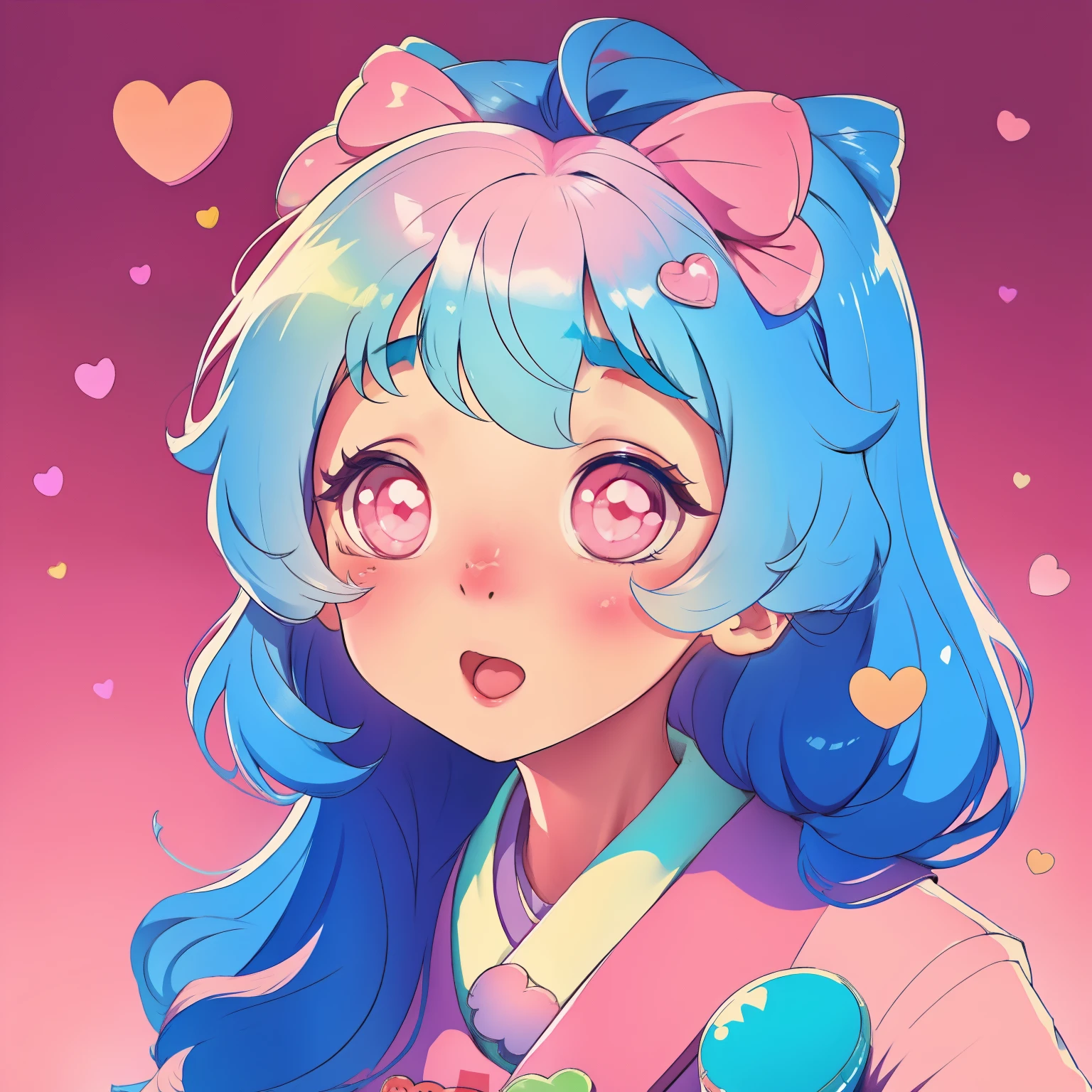 Cute kawai girl, Korean girl, pastel colors, candy and hearts details, cute art