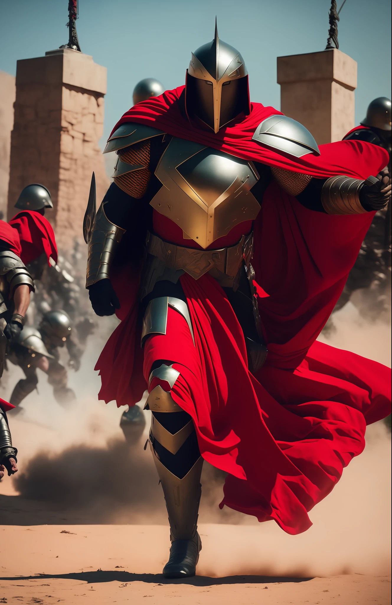 Arte estilo Frank Frazetta, There's a man in a helmet and a red cape holding a shield, na captura de tela do filme 300, levando eEspartanoos para a batalha, 300 o filme, guerreiro eEspartanoo, dramatic cinematic action shot, Raiva eEspartanoa, vestido com armadura eEspartanoa, cinematic action shot, Espartano, epic action scene, epic battle scene, epic cinematic still, vfx action shot