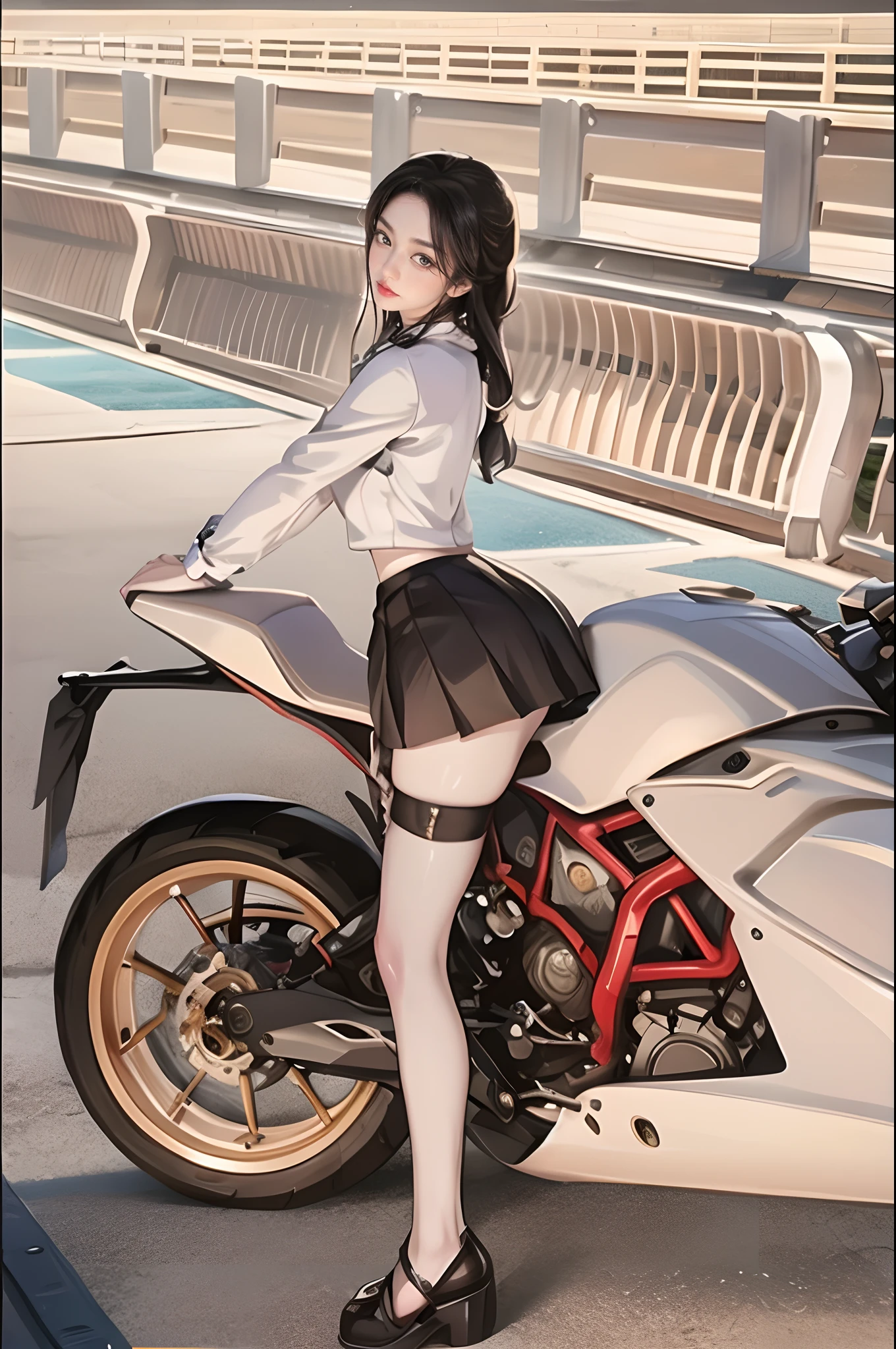 Arakfi posing on a motorcycle in a short skirt and high heels, Guviz-style artwork, Guviz, motorcycle, The girl crouched, Beautiful girl crouching, Seductive girl, trending on cgstation, Extremely detailed Artgerm, trending at cgstation, sitting on the motorcycle