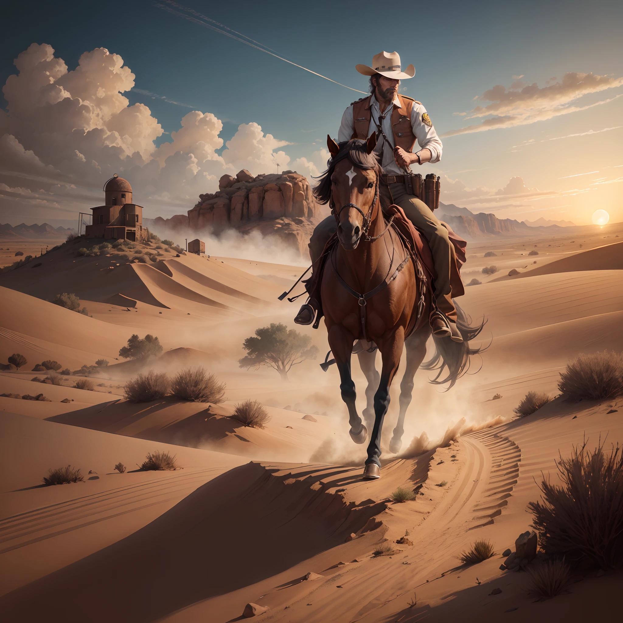 top quality, best quality, High-quality illustrations, masterpiece, super high resolution, detailed background, The desolate and rugged desert landscape at sunset, with the sky turning shades of red and the dry earth stretching into the distance, Cowboys racing across the prairie, stirring up dust as the sound of horse hooves echoes through the air, A lone sheriff standing at the entrance of a saloon, with a wooden sign swaying gently behind him, A gunslinger suddenly emerging from the shadows, his sharp gaze and the silence creating a tense atmosphere, 6+boys, 6+girls, absurdres(highly detailed beautiful face and eyes)perfect anatomy, expression, good lighting, cinematic shadow(kemono, furry anthro)assorted poses, dynamic angle,