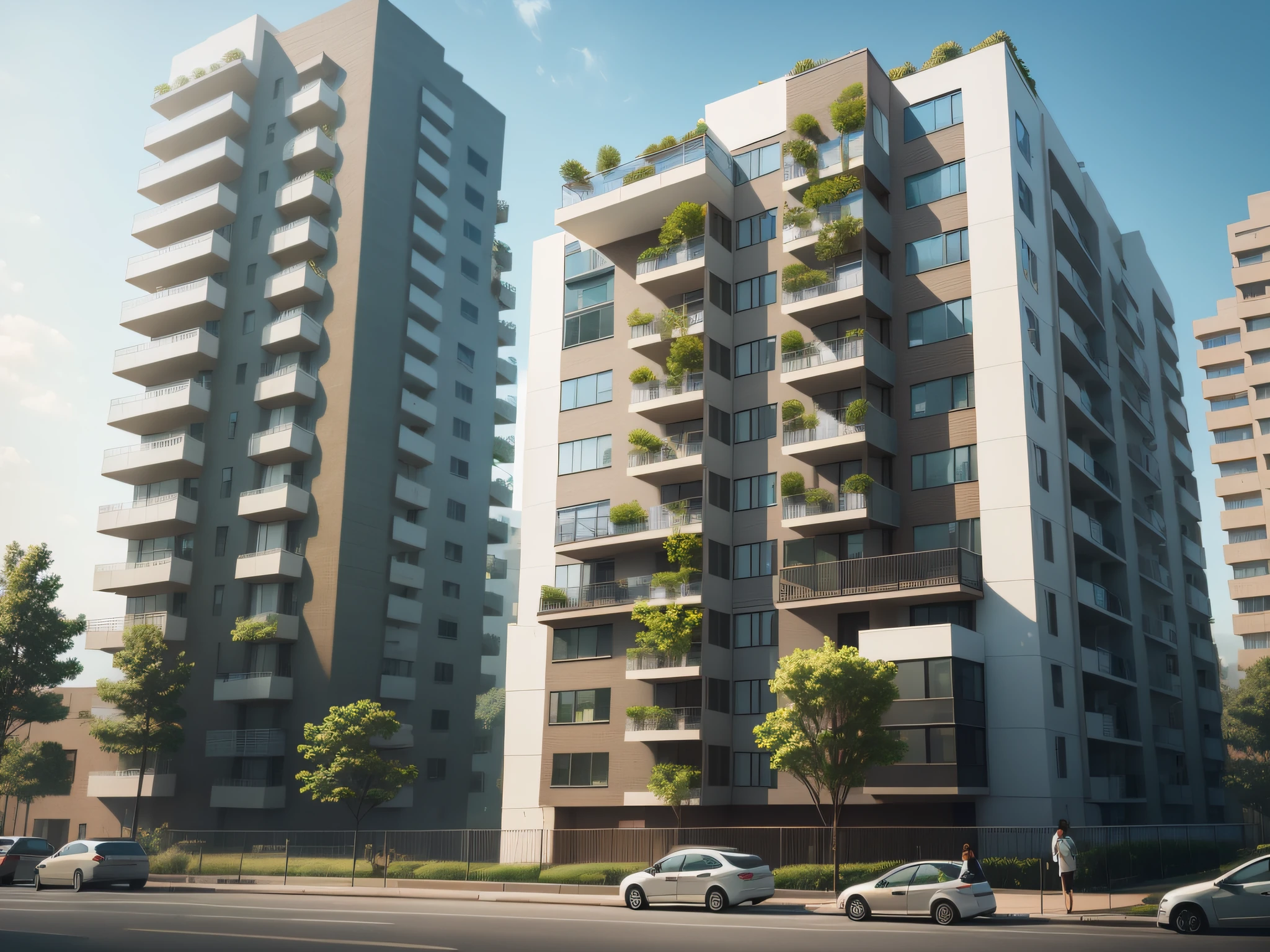 residential area,Community,Building,Greenery,The tree,enviroment,realisticlying,photorealestic,A residential building with about 20 floors