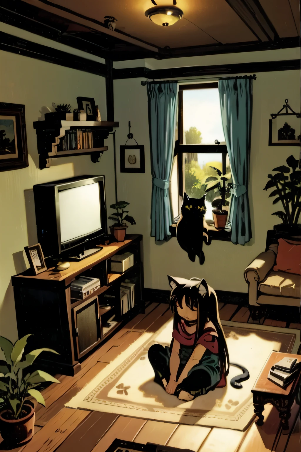 There's a girl sitting on the floor looking at her fat furry black cat, a tem cabelo preto curto, She's facing an old TV, Your furry black cat is sitting next to you, o gato tem coleira, the girl is looking at the cat, they're in the room, there is vegetation all around, plantas, The lighting is warm, pisos alcatifados, furnitures, Small aquarium with fish, sala de estar