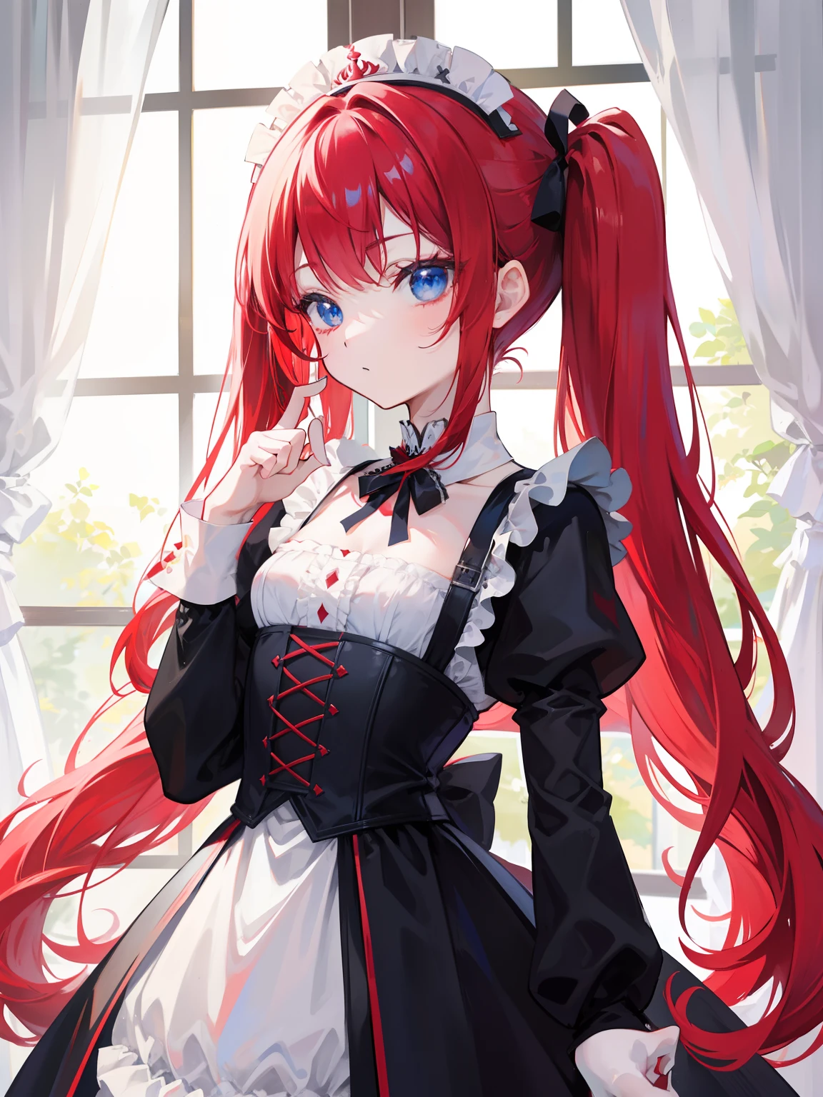 red hair,blue eyes,twintails,maid, long hair, long sleeves, gothic, solo, loli,{{best quality}}, {{masterpiece}}, {{ultra-detailed}}, {illustration}, {detailed light}, {an extremely delicate and beautiful},