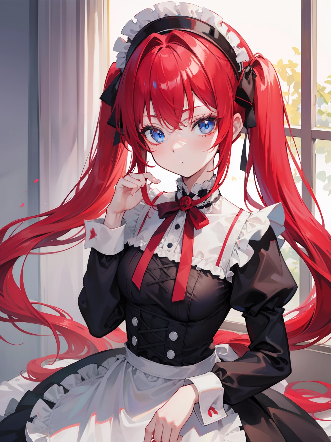 red hair,blue eyes,twintails,maid, long hair, long sleeves, gothic, solo, loli,{{best quality}}, {{masterpiece}}, {{ultra-detailed}}, {illustration}, {detailed light}, {an extremely delicate and beautiful},