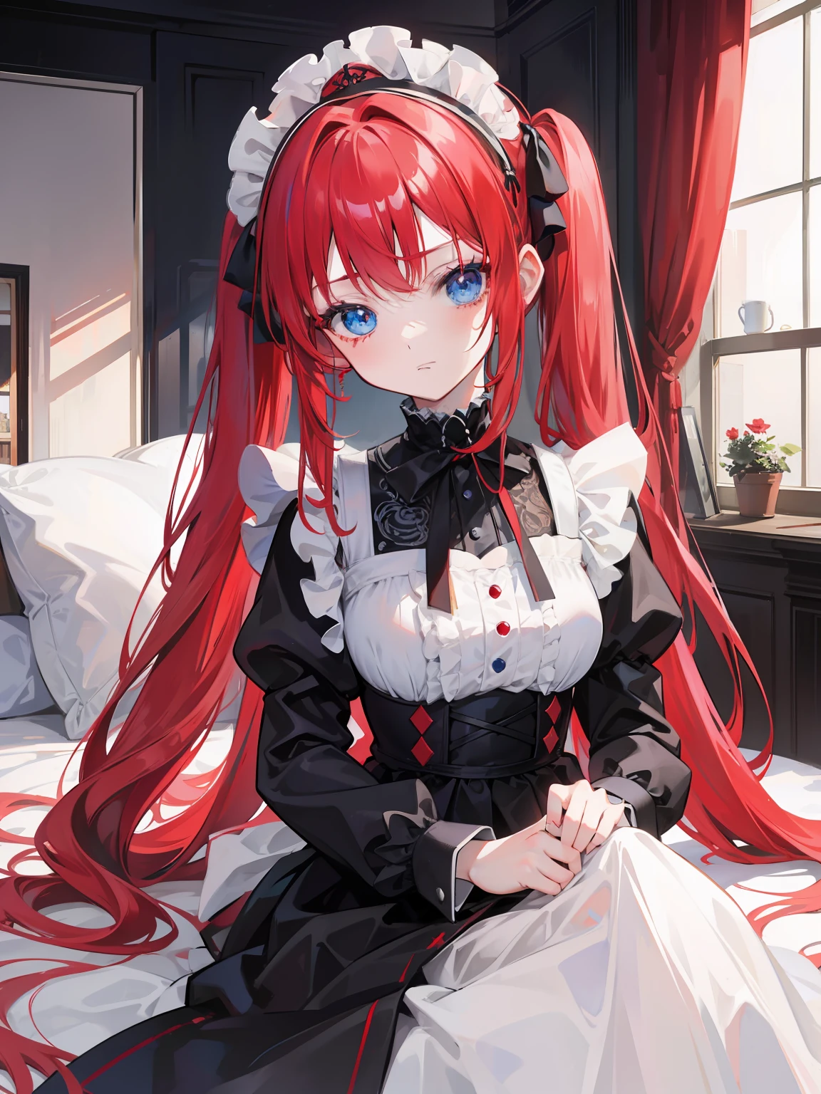 red hair,blue eyes,twintails,maid, long hair, long sleeves, gothic, solo, ,{{best quality}}, {{masterpiece}}, {{ultra-detailed}}, {illustration}, {detailed light}, {an extremely delicate and beautiful},