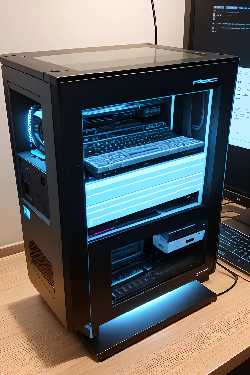PC desktop,Transparent display,Glass computer mainframe,Transparent keyboard,Transparent mouse,Warm lighting --auto