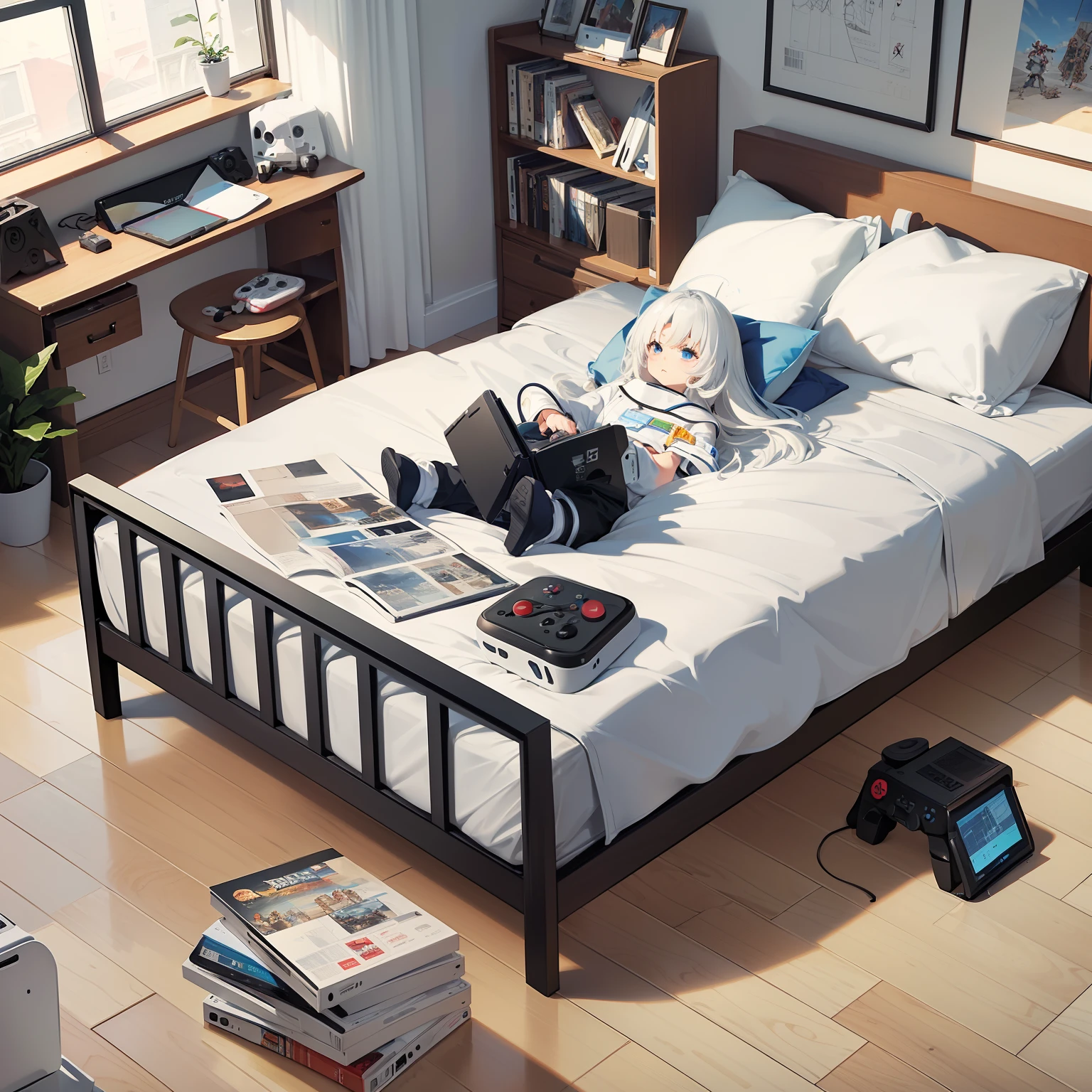 masterpiece、top-quality、High-quality images、8K、 ((unmanned、Background with、Accurate perspective、line-drawing、Contour extraction、black-and-white、Moderate shading、Medium omission、Comic style、)):1.4 ((elementary student、a room、study、a desk、Chair、Window sill for the sash、bookshelf、Boken、magazine、gaming console、figurine、a bed、unmanned))1.5
