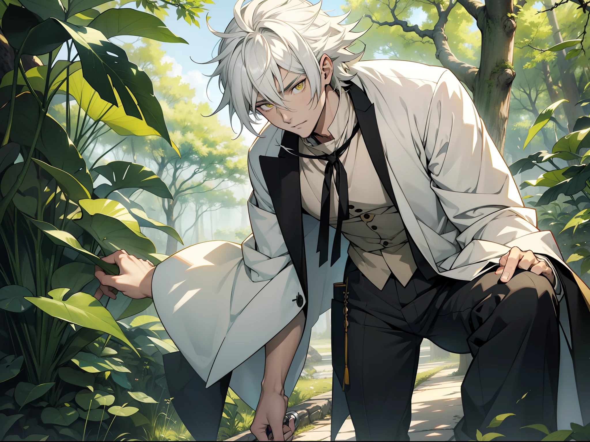 Anime character with white hair and yellow eyes standing in front of a green tree, hajime yatate, White-haired god, nagito komaeda, koyoharu gotouge, Anime portrait of a handsome man, Tall anime man with yellow eyes, Anime handsome man, a silver haired mad, white haired Cangcang, handsome guy in demon killer art, offcial art