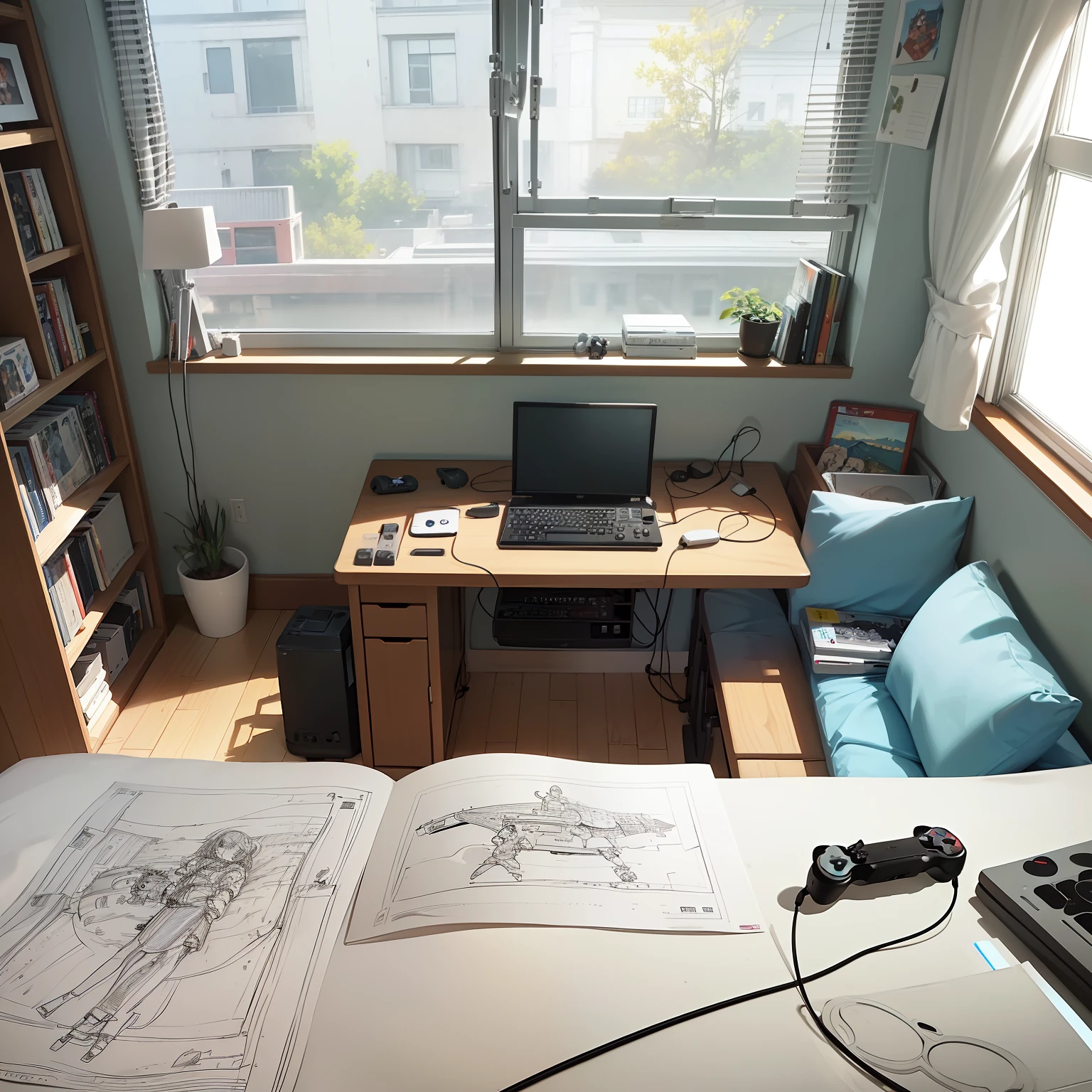 masterpiece、top-quality、High-quality images、8K、 ((unmanned、Background with、Accurate perspective、line-drawing、Contour extraction、black-and-white、Moderate shading、Medium omission、Comic style、)):1.4 ((elementary student、a room、study、a desk、Chair、Window sill for the sash、bookshelf、Boken、magazine、gaming console、figurine、a bed、unmanned))1.5