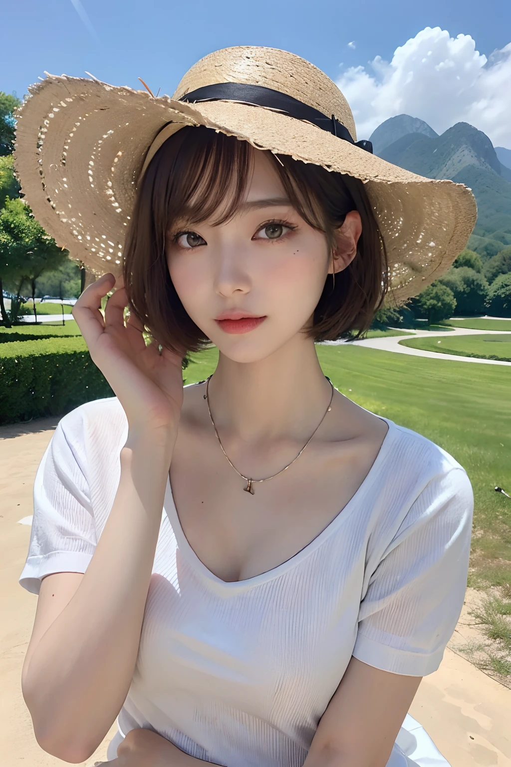 top-quality、masterpiece、超A high resolution、(realisitic:1.4)、Very wide lens、a closeup、Beautiful adult woman、Beautiful detail eyes and skin、ssmile、Brown short-cut hair、Petite bust、Small necklace、White short-sleeved shirt、a straw fedora hat、High Mountains、Summer sky、