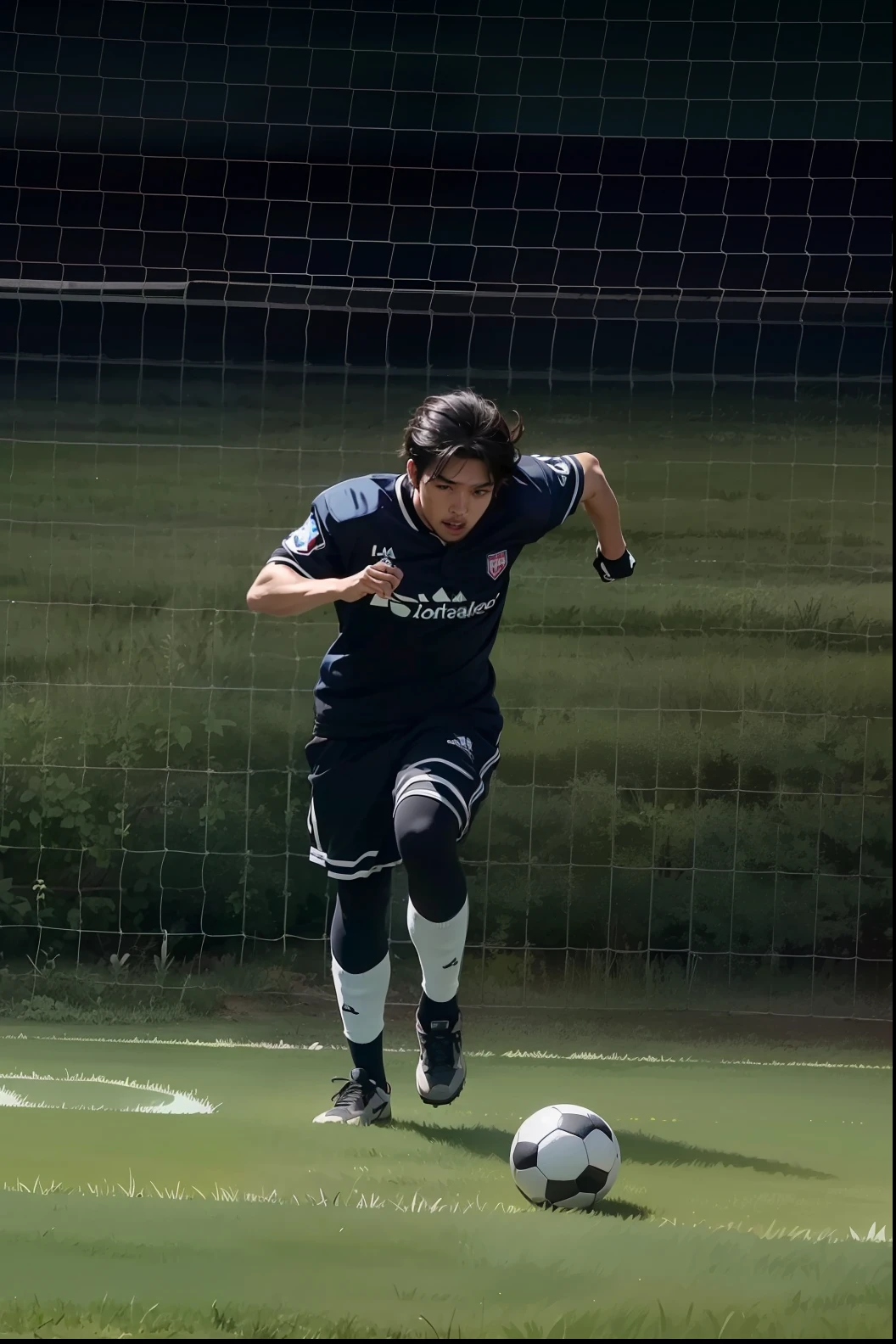 Robust athletes,1 handsome guy,They play football on the pitch at night, taken with canon 8 0 d, action shot, play soccer, best qualtiy, tmasterpiece, 超A high resolution, (realisticlying:1.5), RAW photogr,in the darkness nigth, deep shading, low tune, cold light, short detailed hair,Black hair, surrealism, surrealism, Cinematic lighting, 8K, Super detail, High details, High quality, Award-Awarded, A high resolution, 16k, Anatomically correct, Textured skin