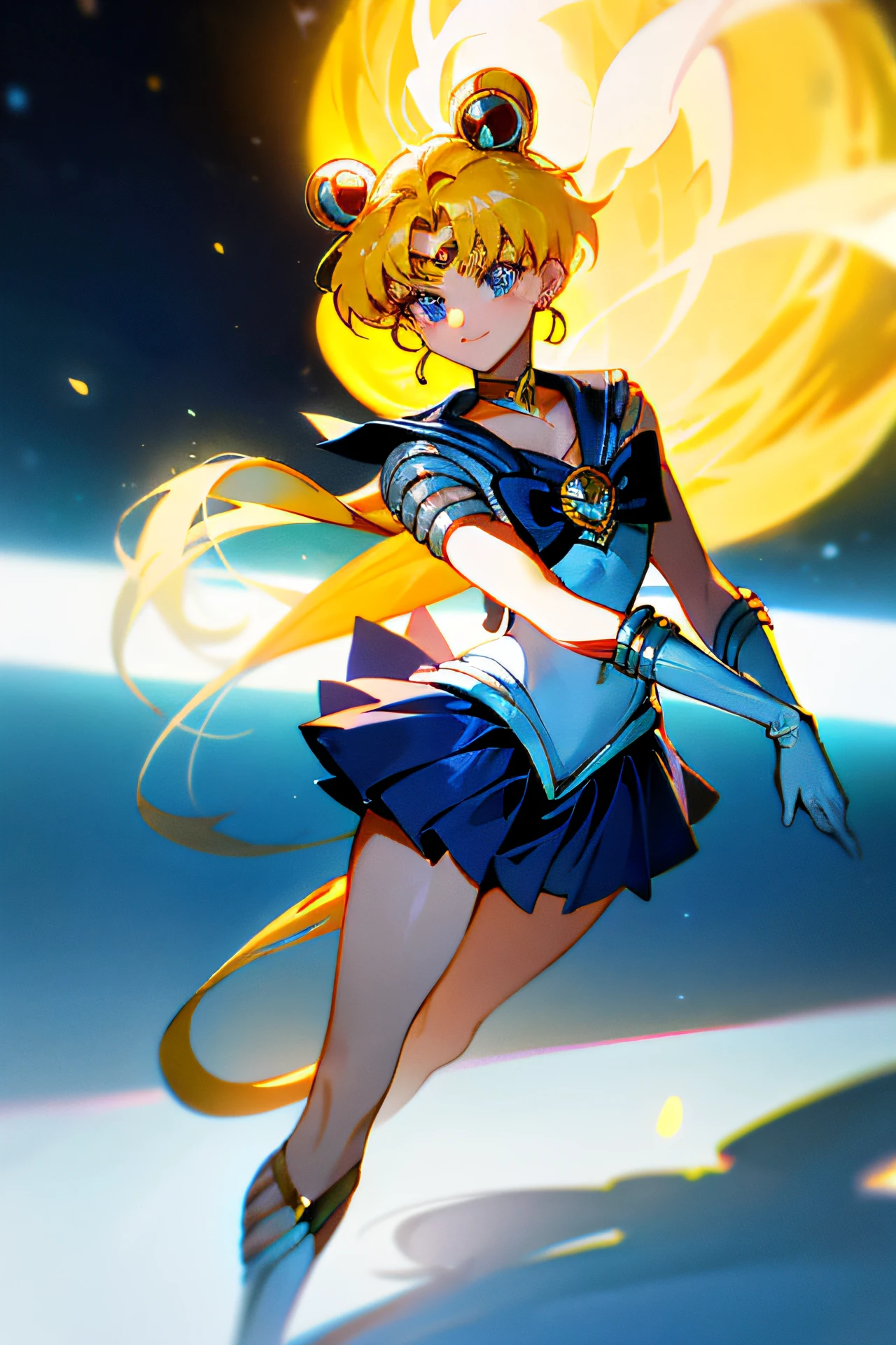 (Extreme detail CG Unity 8K wallpaper, masterpiece, highest quality), (exquisite lighting and shadow, highly dramatic picture, cinematic lens effect), (Sailor Moon: 1.1), charming smile, double tail, blue eyes, blond hair, tight top, white gloves, mini skirt, dynamic pose), the background is the universe (excellent detail, excellent lighting, wide angle), (excellent rendering, enough to stand out in its class),