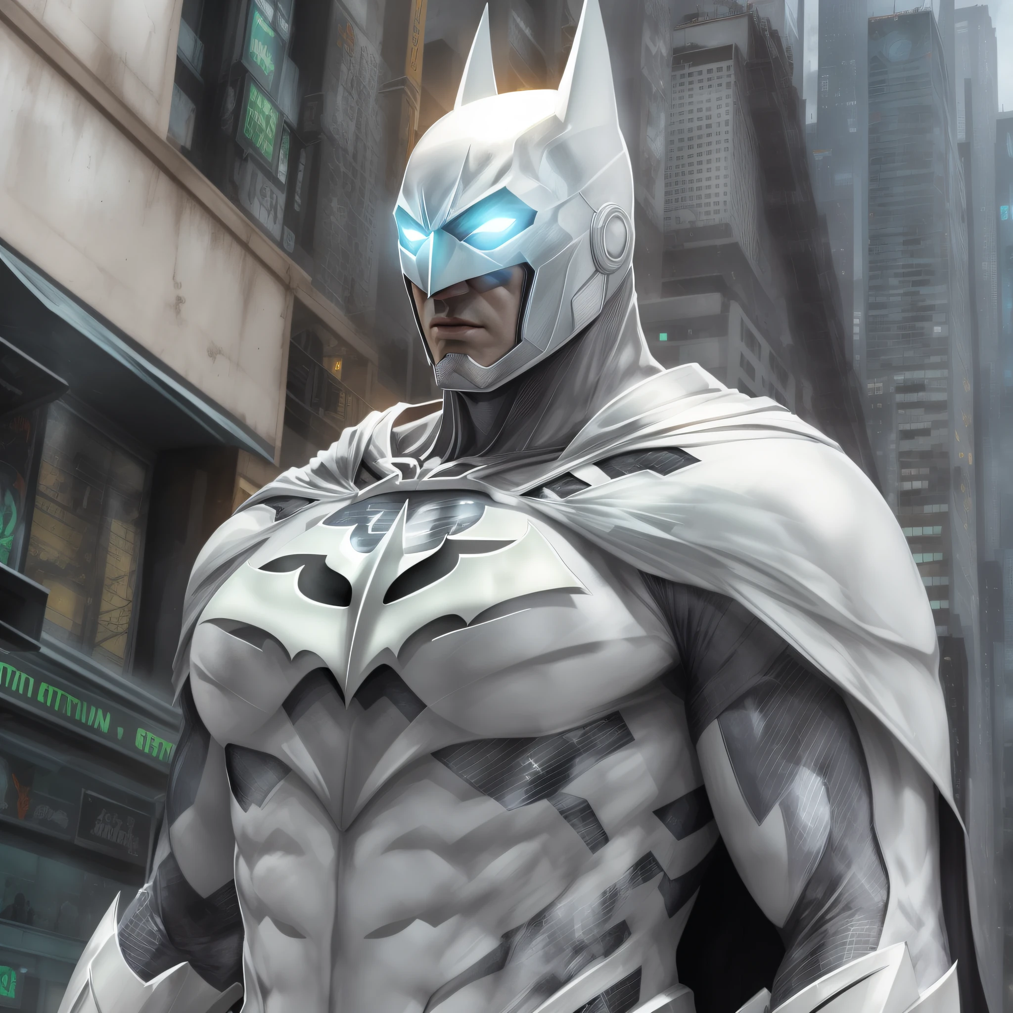 "A white Batman in titanium cybernetic suit in the city."