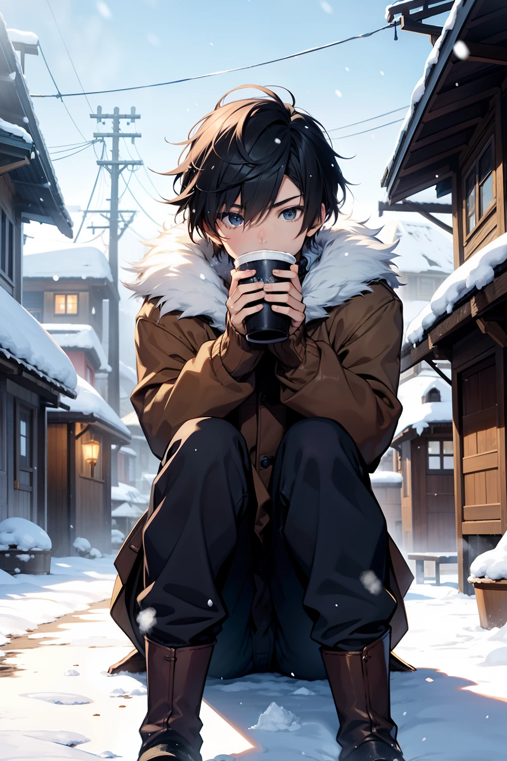 anime, final fantasy tactics style, young boy, brown fur, in the snow, cold clothes, blue sweater, black pants, in a snow village , blue snow, sitting on the ground, drinking coffee, 4k