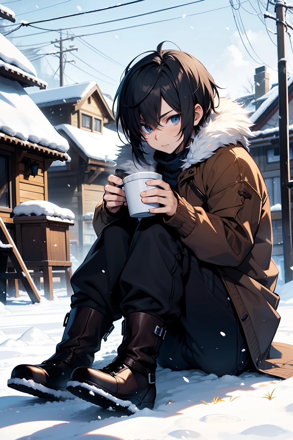 anime, final fantasy tactics style, young boy, brown fur, in the snow, cold clothes, blue sweater, black pants, in a snow village , blue snow, sitting on the ground, drinking coffee, 4k