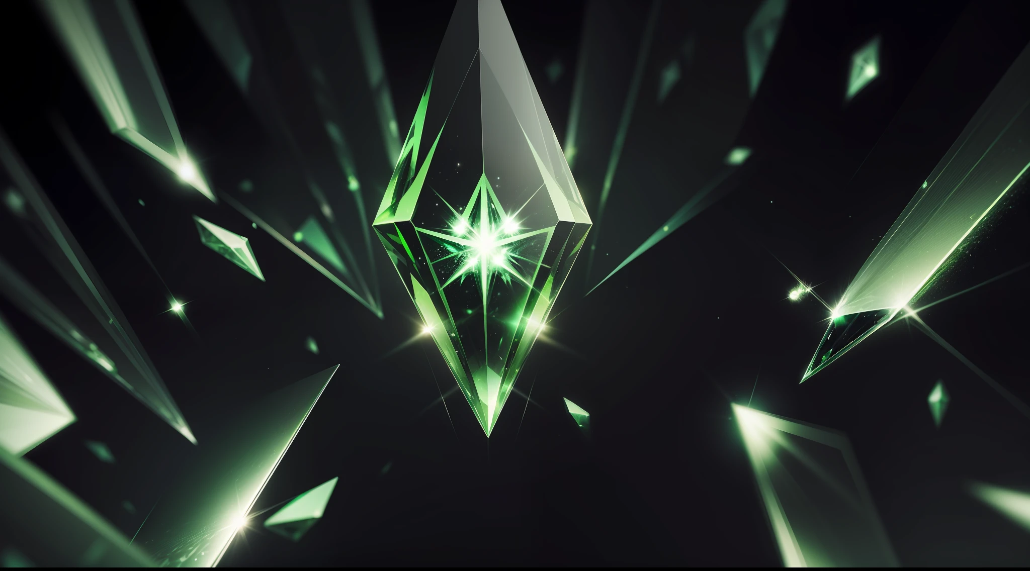 a buch of  green diamonds in a black background,  dynamic lights