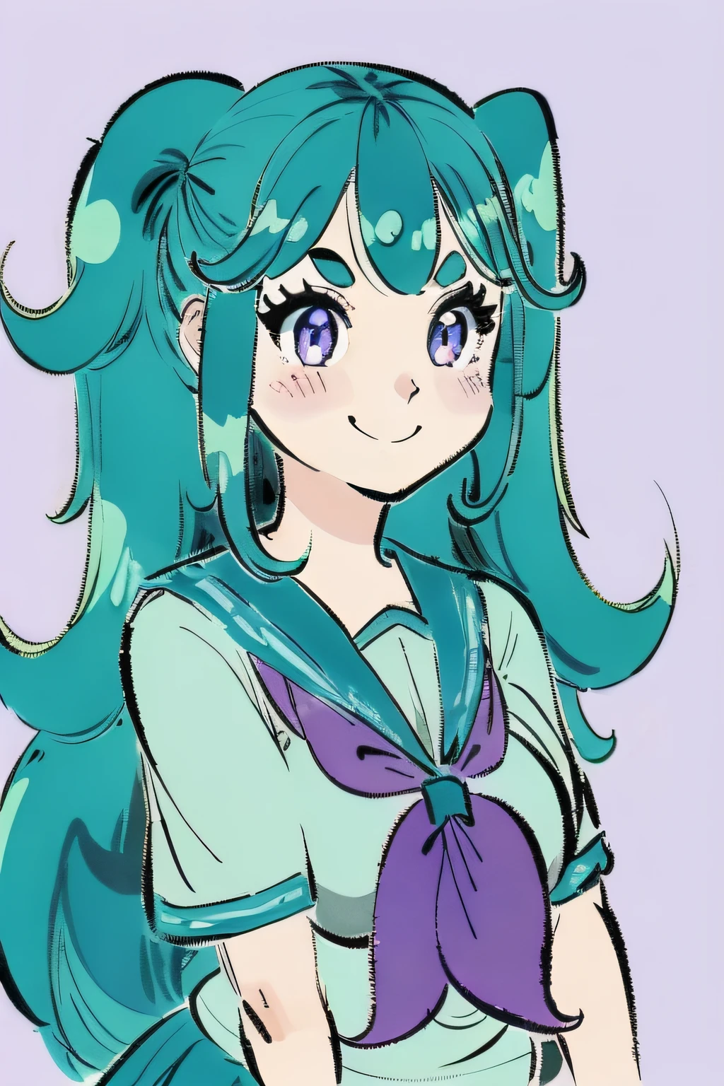 1girl, :3, aqua background, aqua hair, bangs, blue background, breasts, eyebrows visible through hair, long hair, looking at viewer, purple eyes, school uniform, serafuku, smile, solo, tail, upper body, very long hair