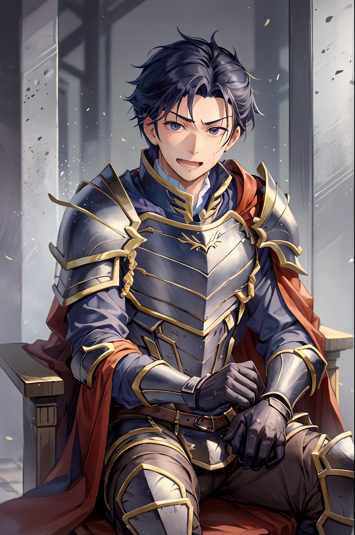 Hector Fey， 独奏， looking at viewert， Teasing laughter， Open your mouth，drools，perspire，Drenched，Get wet，mitts， 1 man， Male focus， sit astride（sit on chair），Cloak， Armour， Shoulder armor， look from down