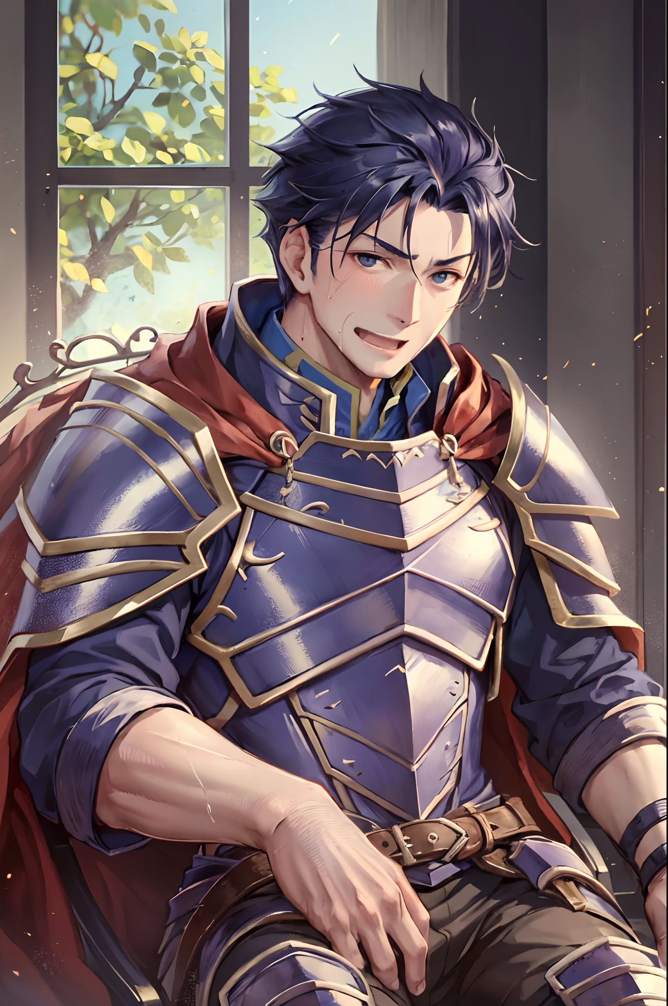 Hector Fey， 独奏， looking at viewert， Teasing laughter， Open your mouth，drools，perspire，Drenched，Get wet，mitts， 1 man， Male focus， sit astride（sit on chair），Cloak， Armour， Shoulder armor， look from down