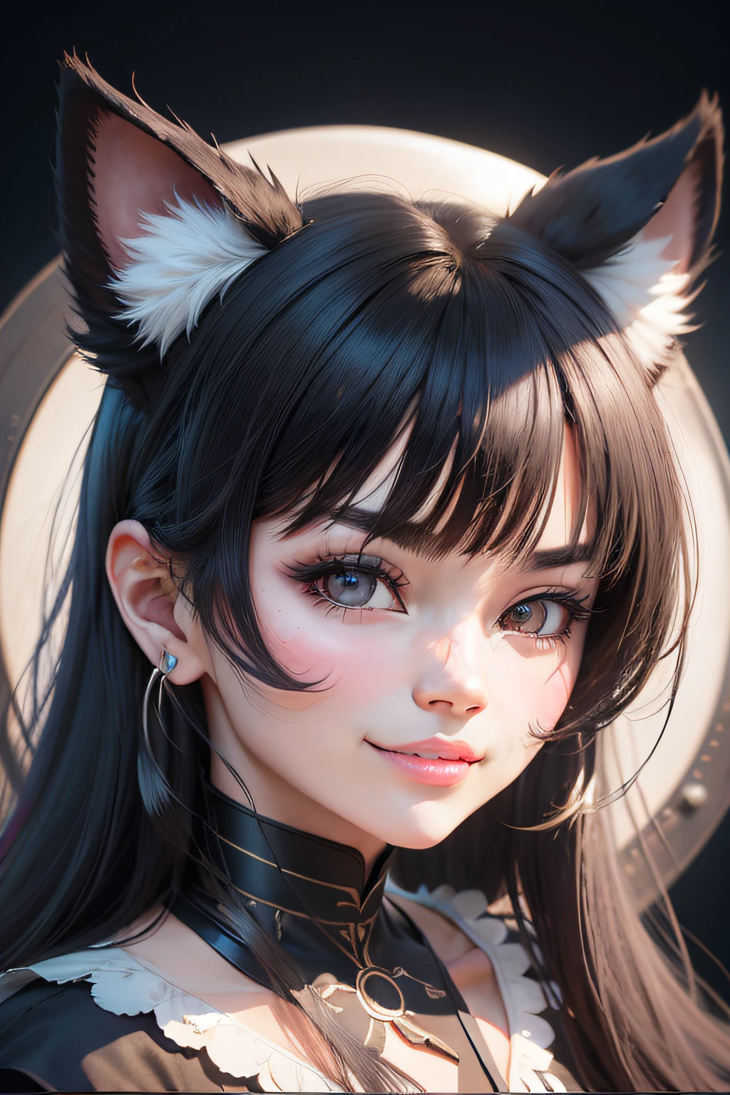 black hair, hair bobbles, wince, longeyelashes, solid circle eyes, fake animal ears, light smile, ear blush, fang, Surrealism, drop shadow, anaglyph, stereogram, tachi-e, pov, atmospheric perspective, 8k, super detail, ccurate, best quality
