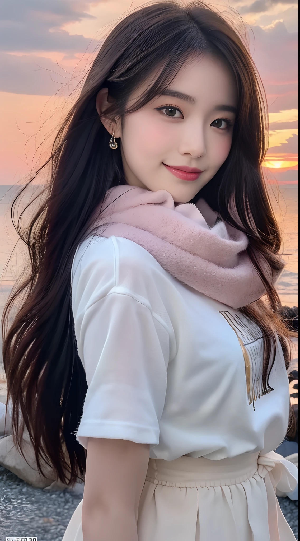 8k resolution, super high resolution, best picture quality, beautiful girl, moist lips, peerless beauty, messy black straight hair, shawl long hair, fluffy hair, rich and beautiful makeup, exquisite and perfect facial features, sapphire eyes, blush, sweet smile,
(((sunset sky)))) by the sea (dressed in white
Tight T-shirt), short skirt, macro shot, beautiful detail sky.