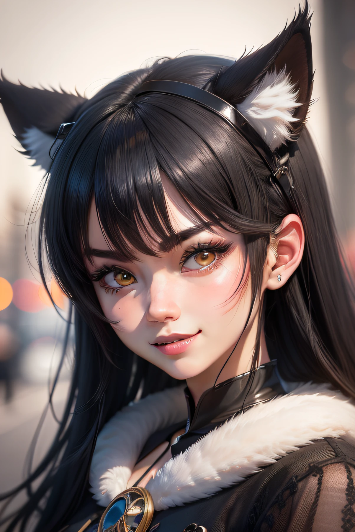 black hair, hair bobbles, wince, longeyelashes, solid circle eyes, fake animal ears, light smile, ear blush, fang, Surrealism, drop shadow, anaglyph, stereogram, tachi-e, pov, atmospheric perspective, 8k, super detail, ccurate, best quality