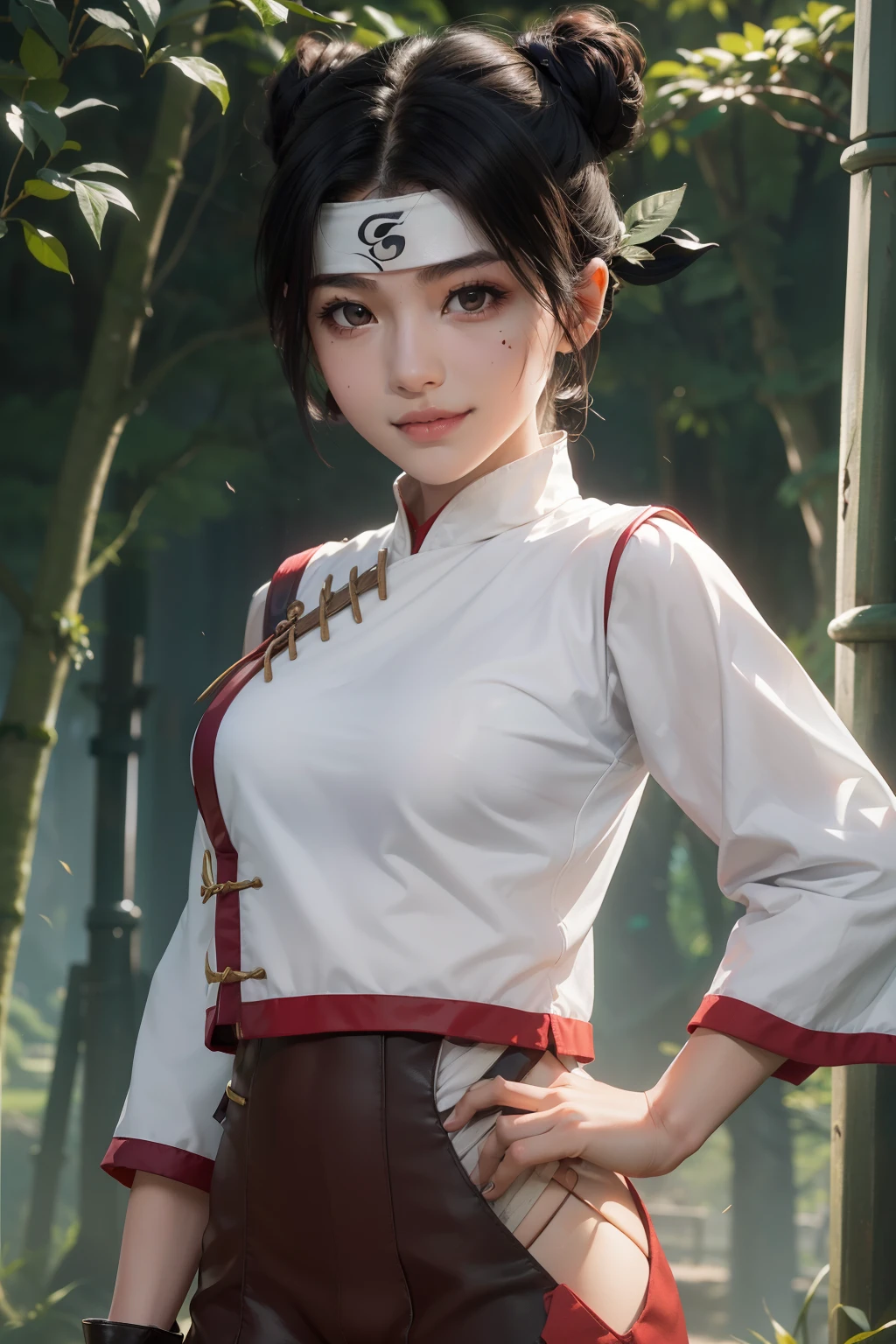 1girl, (8k, RAW photo, best quality, masterpiece:1.2), (ultra highres:1.0),detailed illustration, (real person,fashion photography portrait,photograph), detailed, detailed beautiful skin, (realistic, photo-realistic:1.37), tentenNS, solo, professional lighting, black dress), village, east asian architecture, trees, village hidden in the leaves background,looking_at_viewer, smile,black hair,brown eyes,mitain,toeless footwear,kunai,facial mark,konohagakure symbol,fighting_stance,fence,ninja,adjusting gloves,sleeveless,cleavage, very big breasts