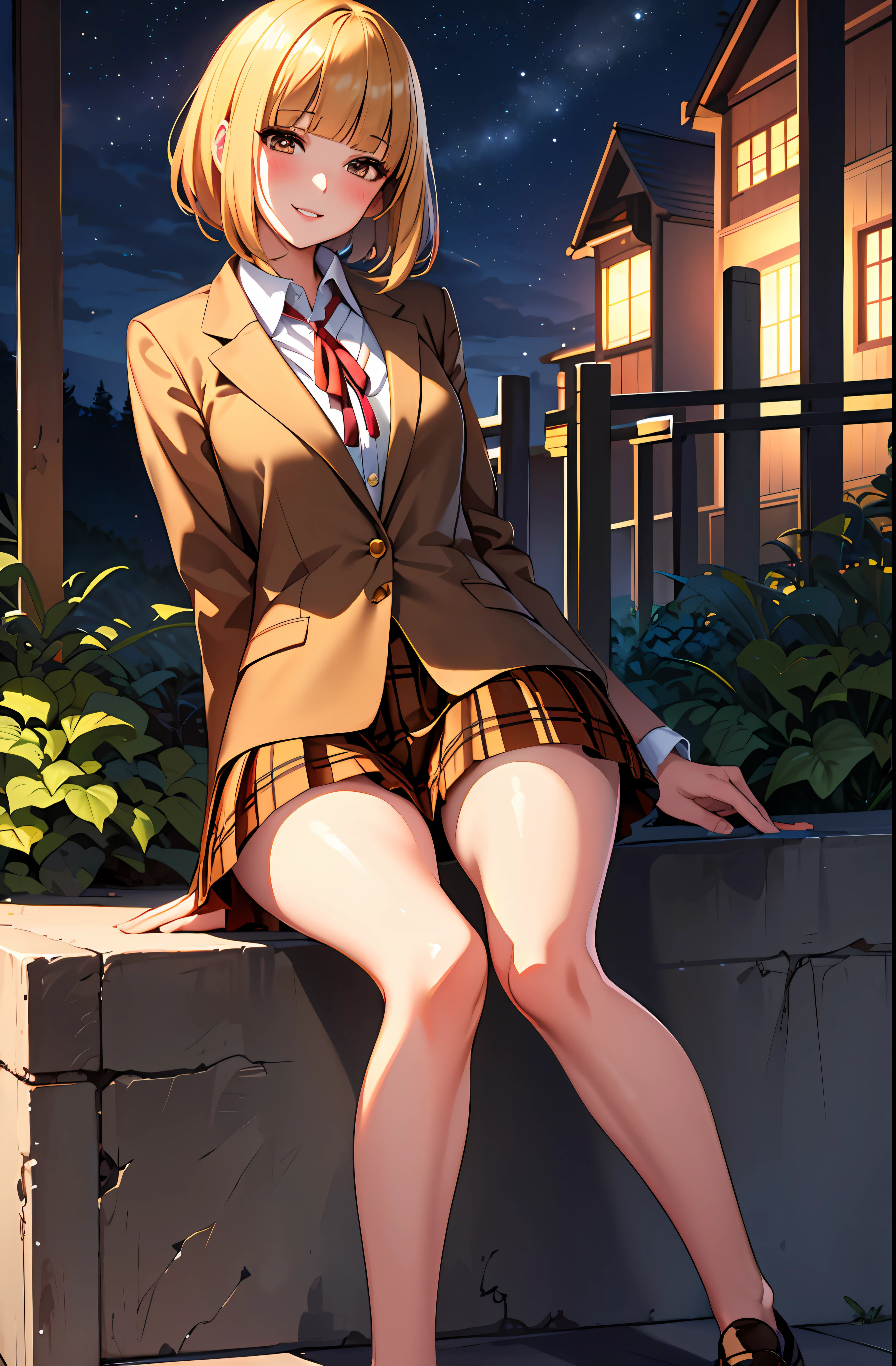 (masterpiece,best quality, detailed), 1girl, solo, outdoors, stairs, linked fence, night, from below, smile, parted lips, squinting, eyelashes, seductive smile, sitting, blush,
midorikawa hana, brown jacket, neck ribbon, collared shirt, school uniform, plaid skirt, (shorts, shorts under skirt), loafers