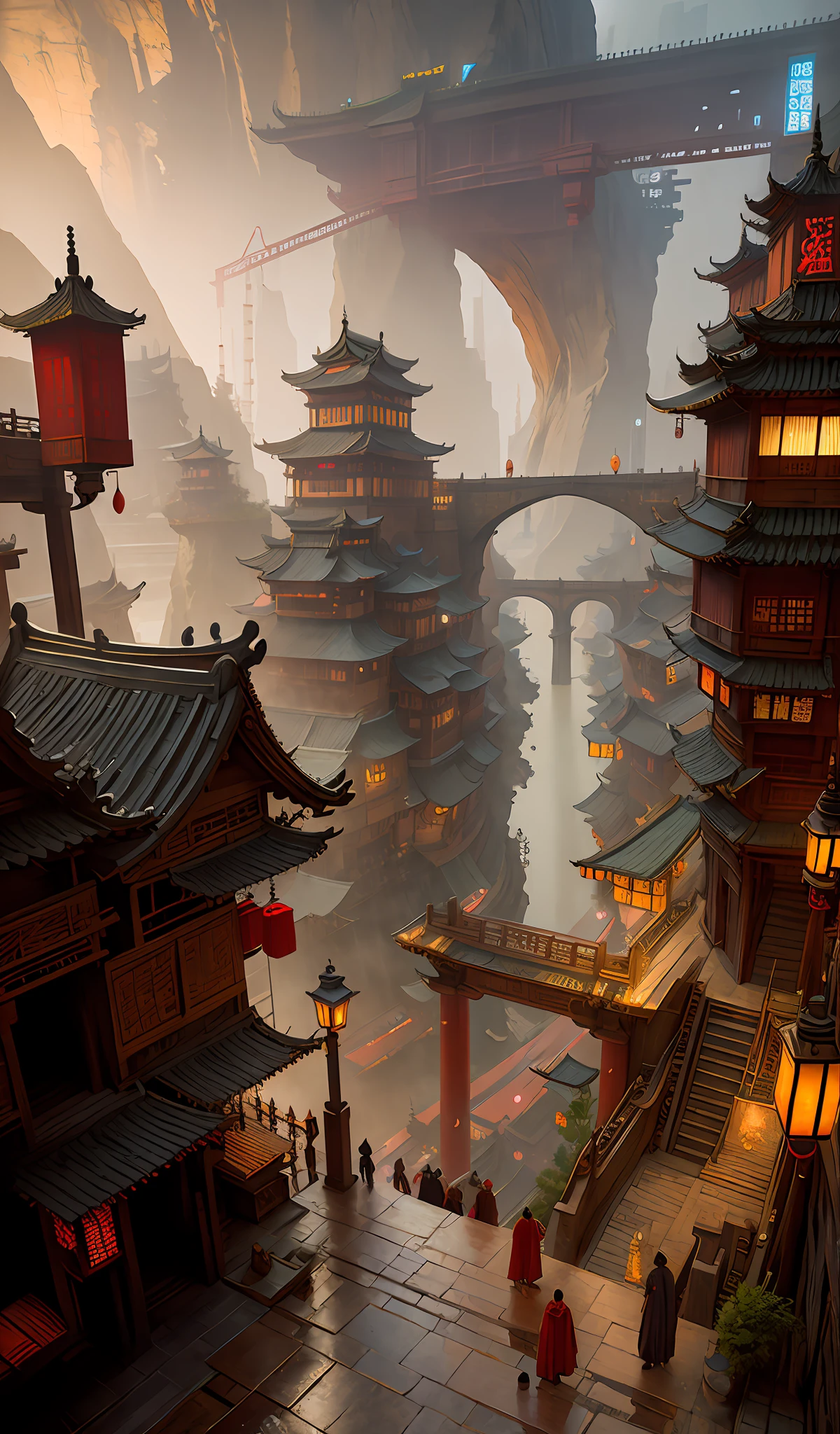 ((masterpiece)),((best quality)),((high detial)),((realistic,))
Industrial age city, deep canyons in the middle, architectural streets, bazaars, Bridges, rainy days, steampunk, Chinese architecture,During the Tang Dynasty of China, people wore Hanfu in the streets, the streets were hung with red lanterns, Chinese New Year